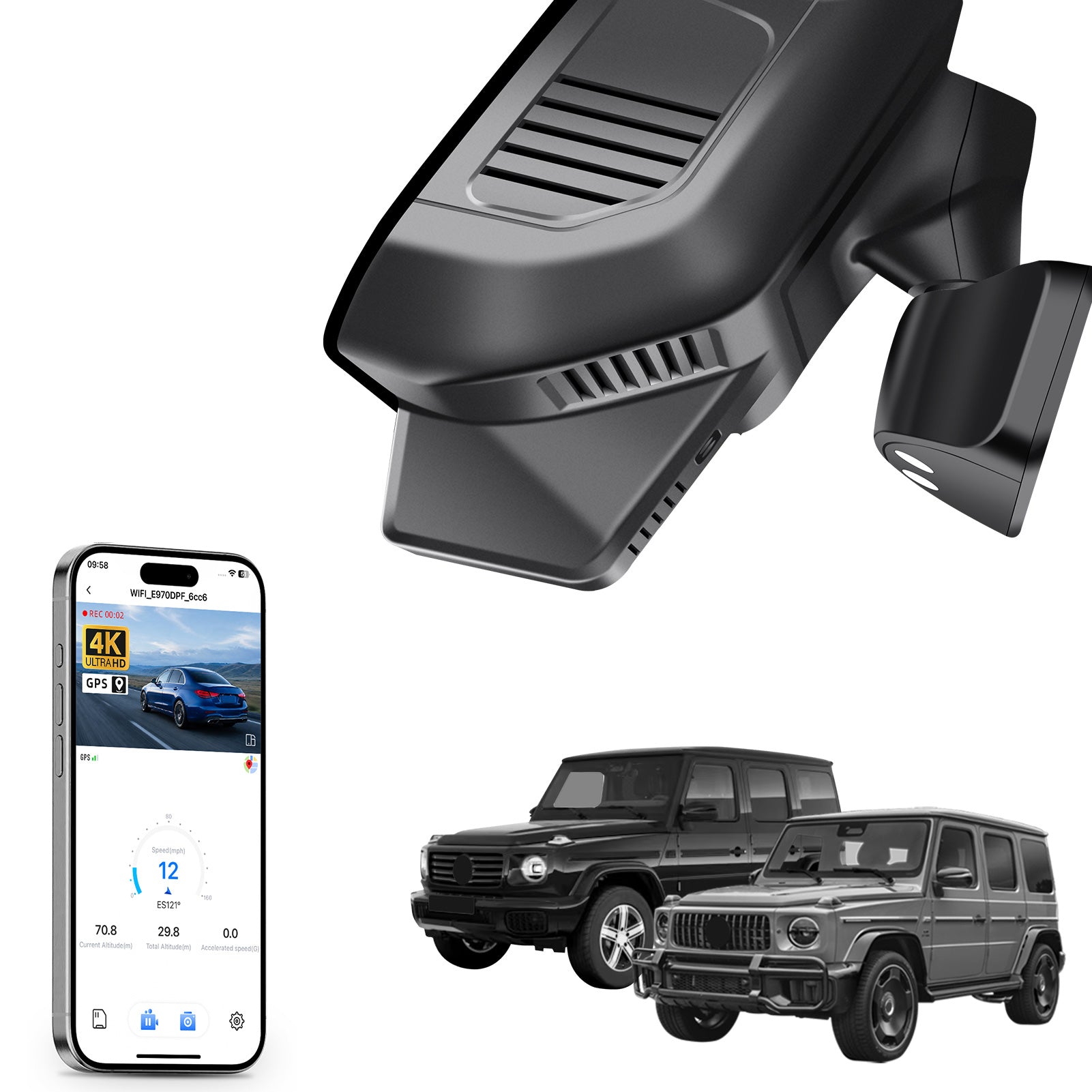 Car rearview mirror built-in dash cam with smartphone app control, 4K Ultra HD recording, GPS tracking, and Benz G-Class models in the background.
