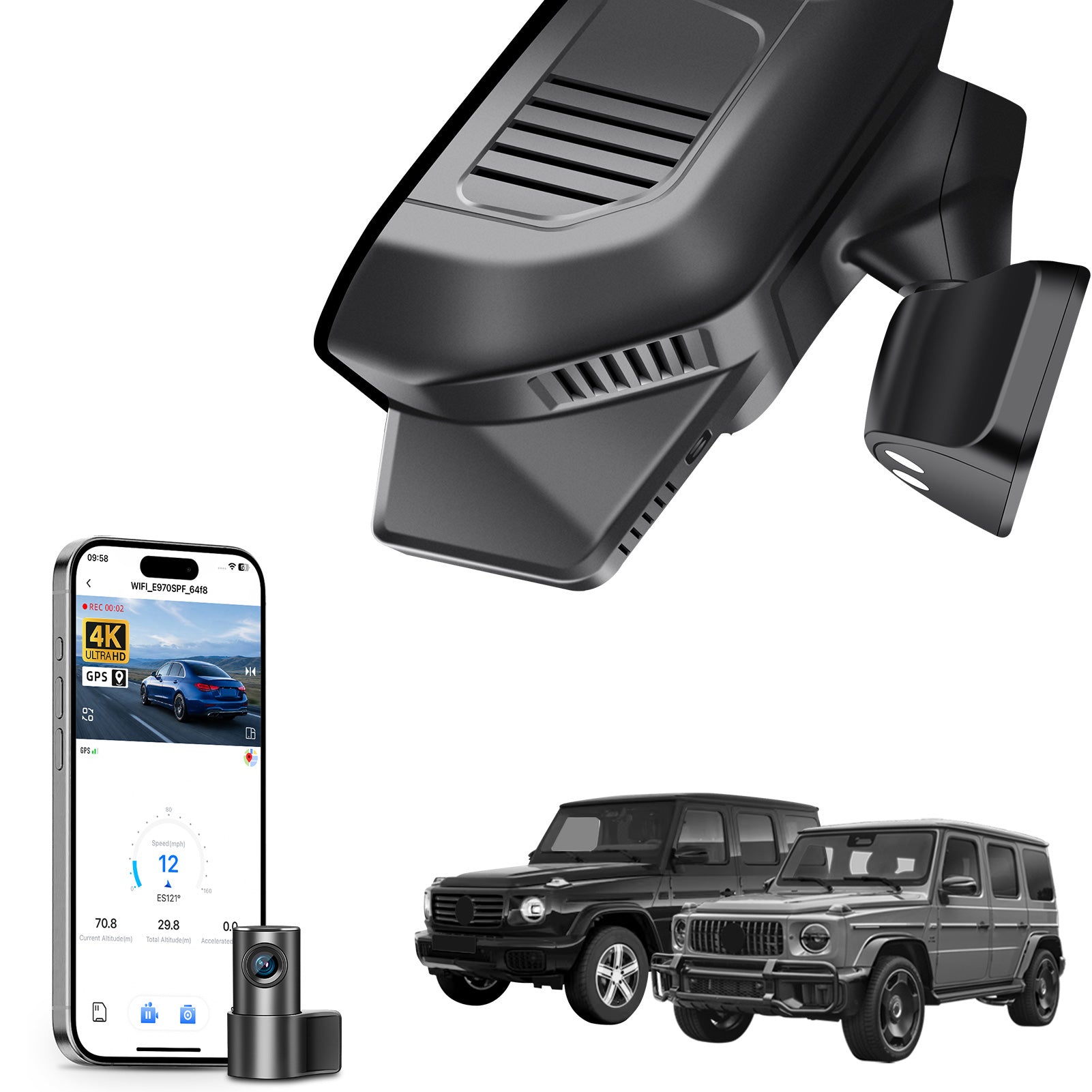 2 channel dash cam with dual STARVIS 2, features smartphone app control, 4K Ultra HD recording, GPS tracking, and Benz G-Class models in the background. 