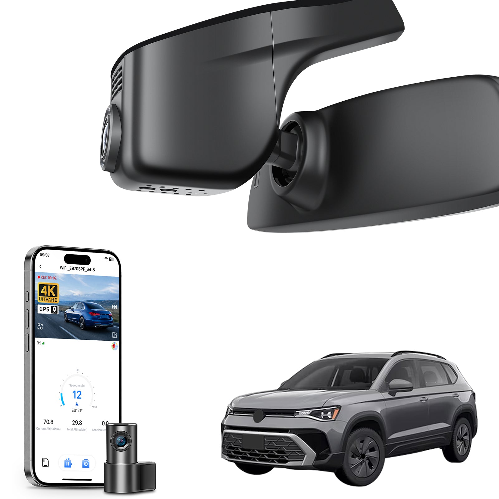 Mangoal Front 4K & Rear 1080p Dash Cam for Volkswagen Taos 2022-2025 S SE SEL(Model A Black)