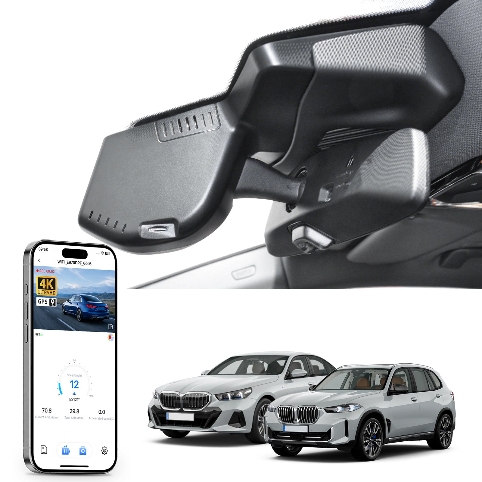 Car rearview mirror built-in dash cam with smartphone app control, 4K Ultra HD recording, GPS tracking, and BMW 5 Series Gen7 models in the background.
