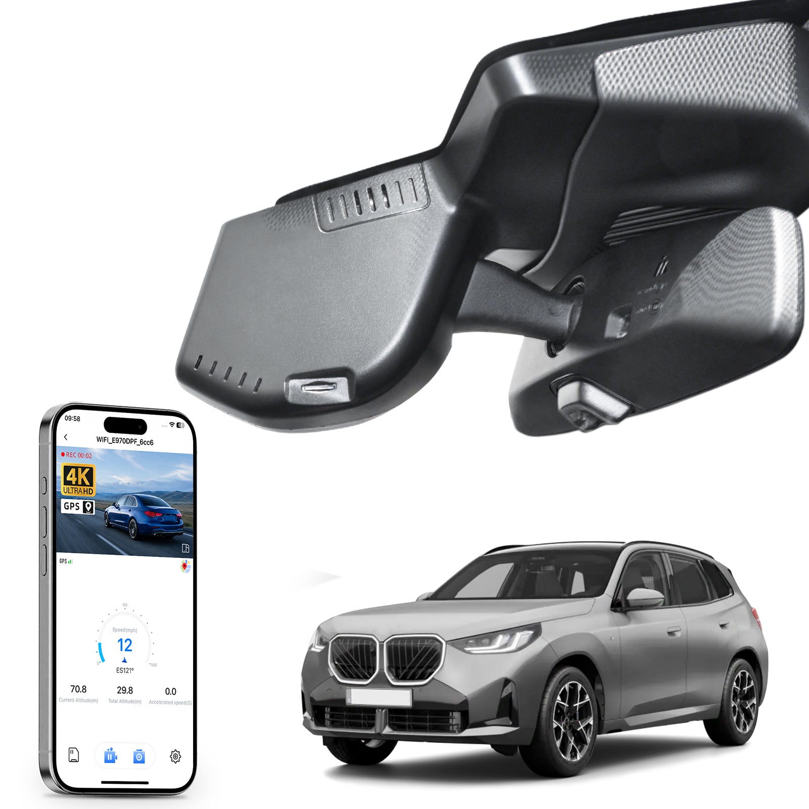 Car rearview mirror built-in dash cam with smartphone app control, 4K Ultra HD recording, GPS tracking, and BMW X3 Gen4 SUV models in the background.
