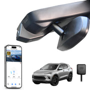 Car rearview mirror built-in dash cam with smartphone app control, 4K Ultra HD recording, GPS tracking, and Buick Encore GX SUV models in the background.