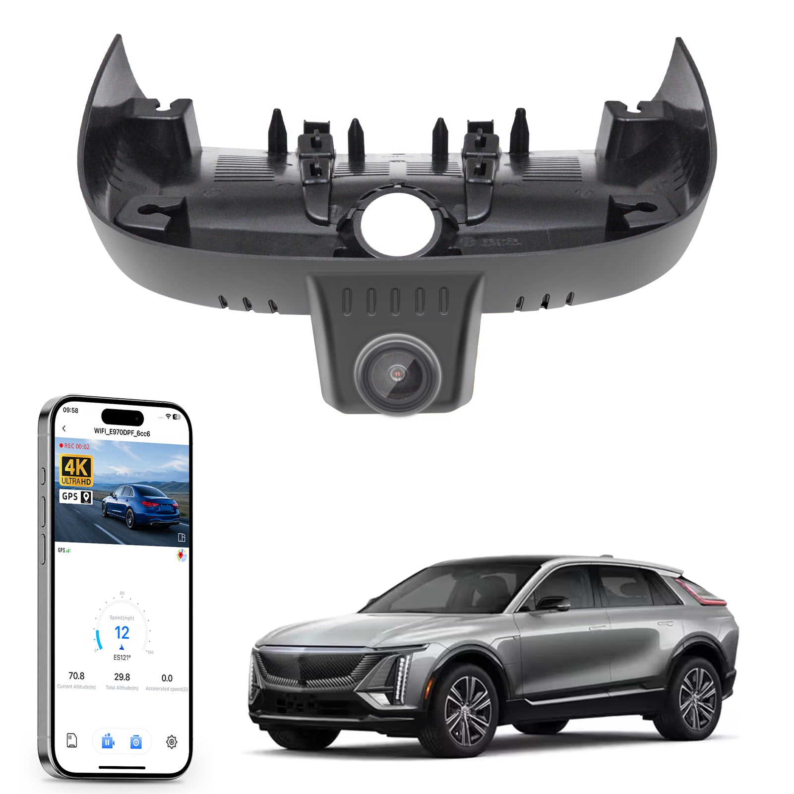 Car rearview mirror built-in dash cam with smartphone app control, 4K Ultra HD recording, GPS tracking, and Cadillac Lyriq SUV models in the background.