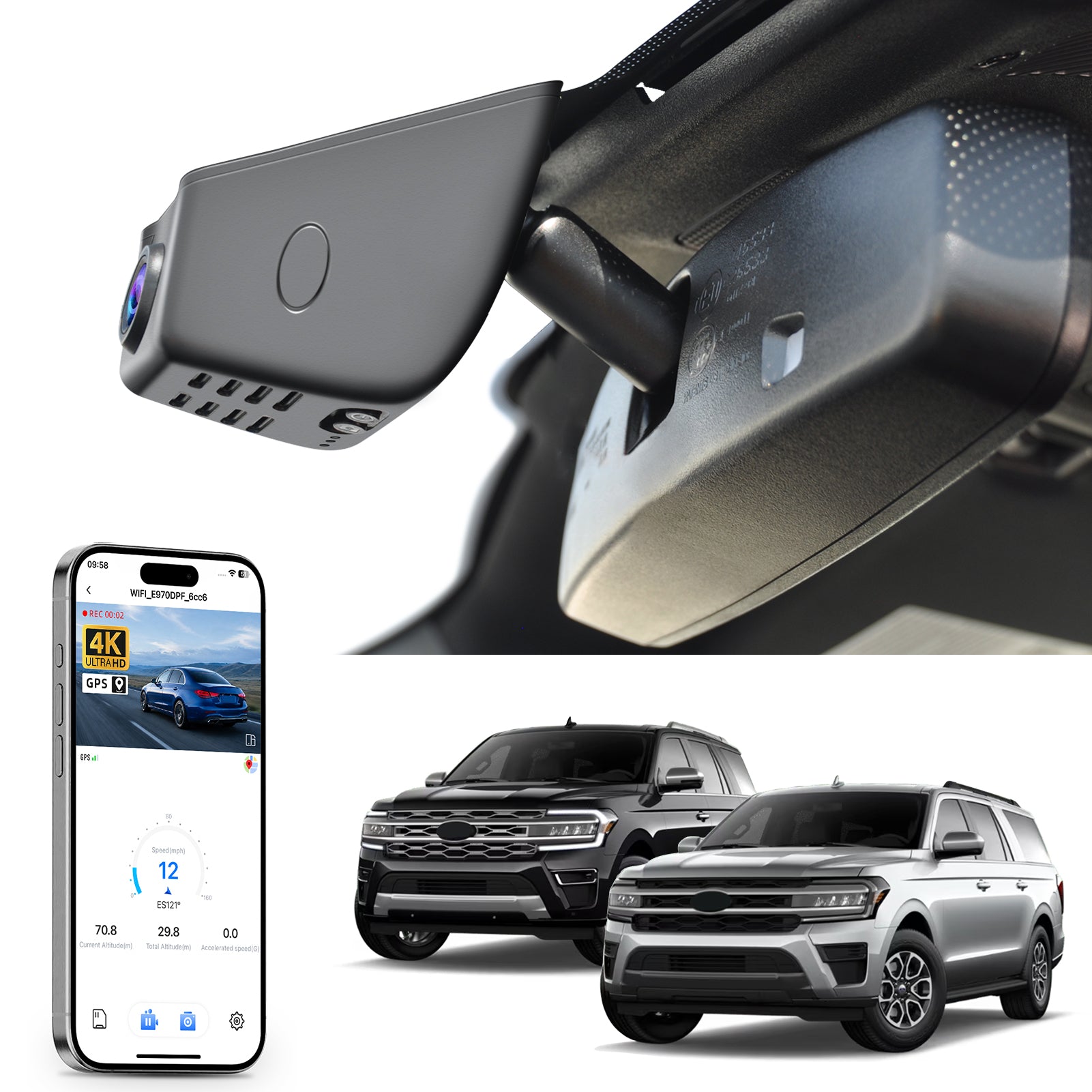 Car rearview mirror dash cam with smartphone app control, 4K Ultra HD recording, GPS tracking, and Ford Expedition SUV models in the background.