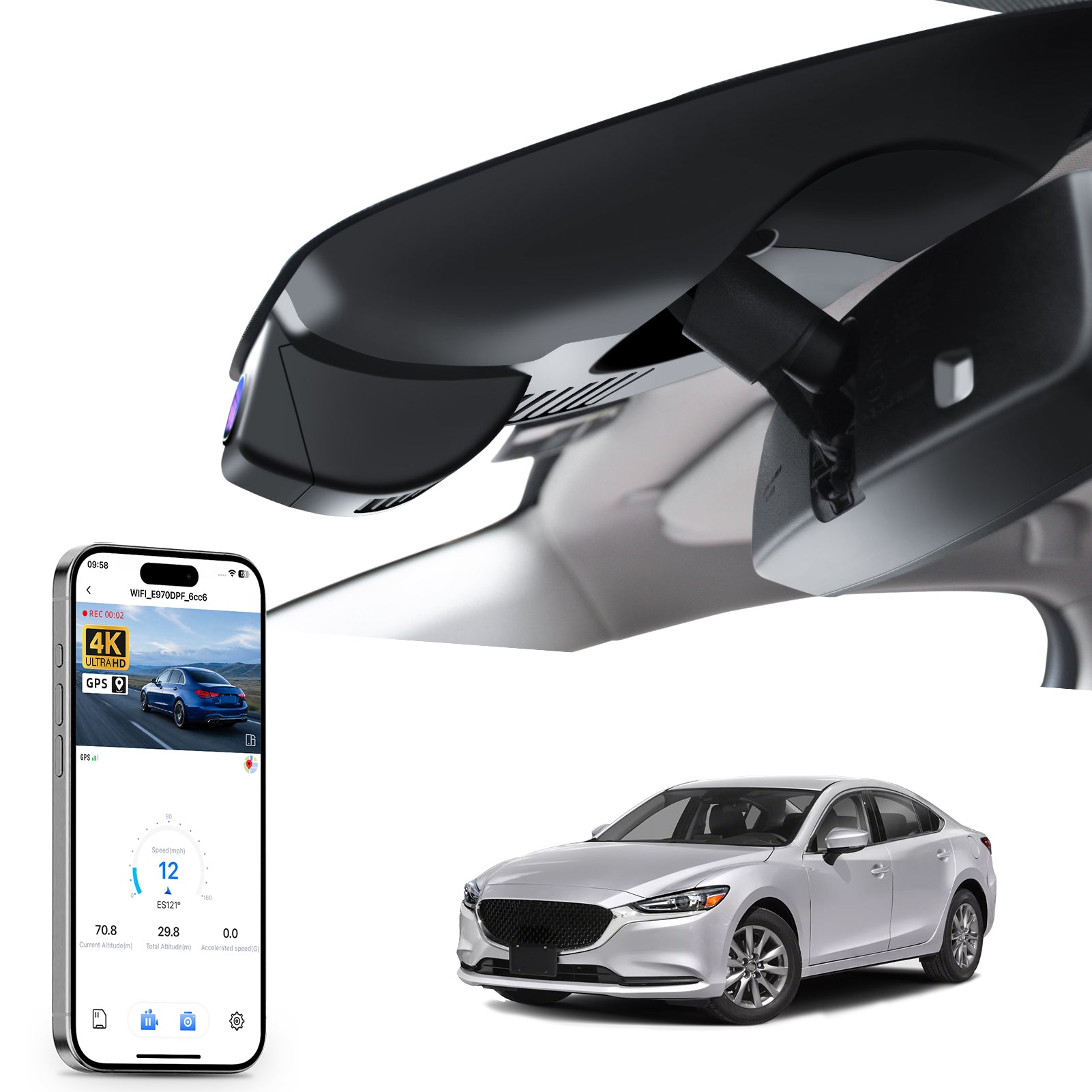 Car rearview mirror built-in dash cam with smartphone app control, 4K Ultra HD recording, GPS tracking, and Mazda 6 Sedans models in the background.