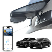 Car rearview mirror built-in dash cam with smartphone app control, 4K Ultra HD recording, GPS tracking, and Mazda CX-5 & CX-9 SUV models in the background.