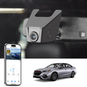 Car rearview mirror built-in dash cam with smartphone app control, 4K Ultra HD recording, GPS tracking, and Subaru Legacy Sedan models in the background.