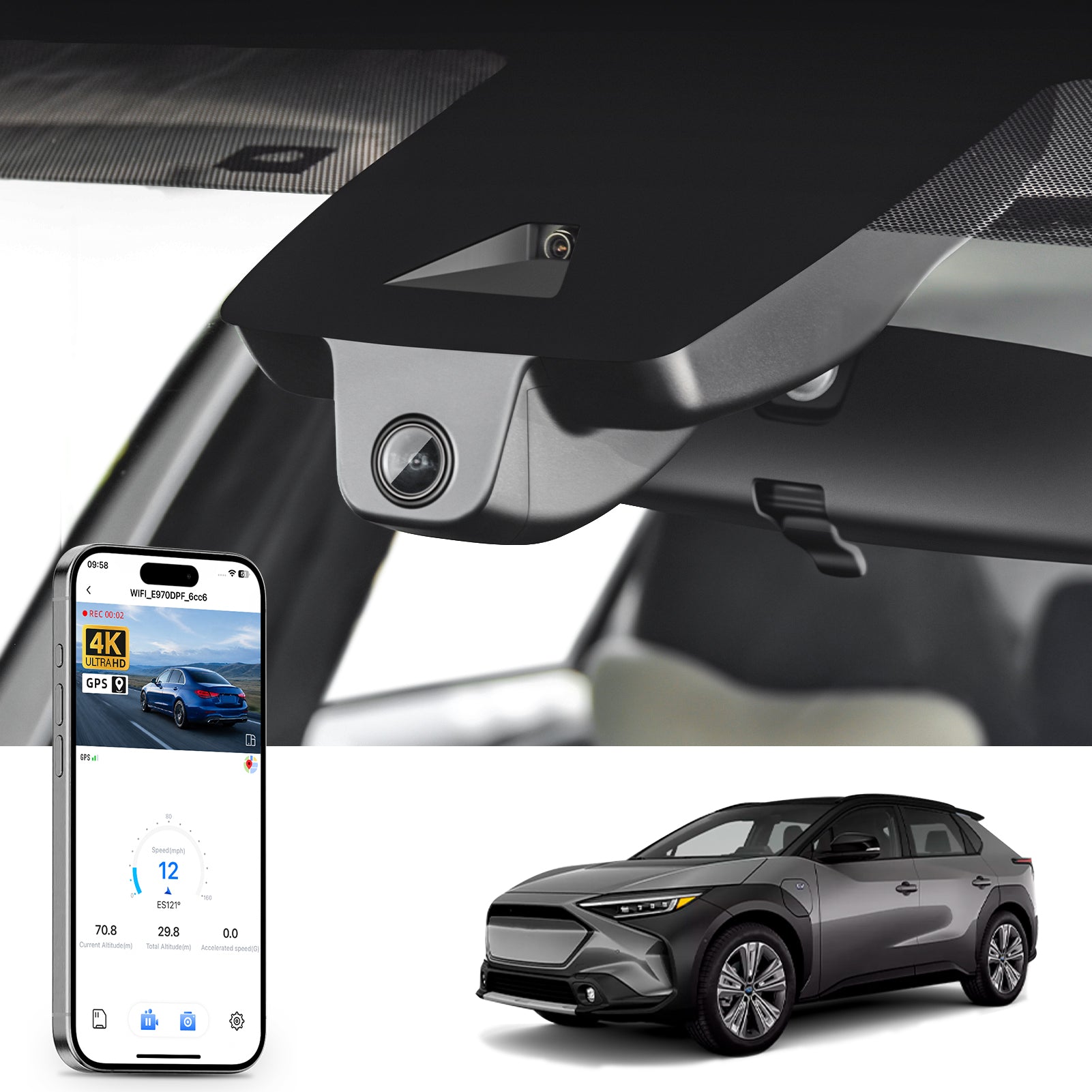 Car rearview mirror built-in dash cam with smartphone app control, 4K Ultra HD recording, GPS tracking, and Subaru Solterra SUV models in the background.