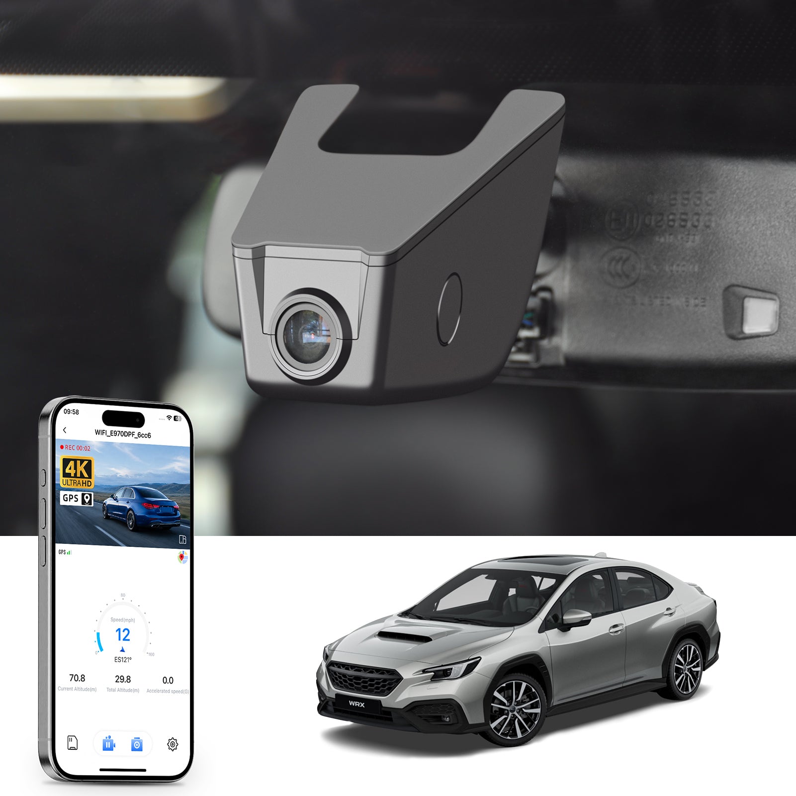 Car rearview mirror built-in dash cam with smartphone app control, 4K Ultra HD recording, GPS tracking, and Subaru WRX sedan models in the background.