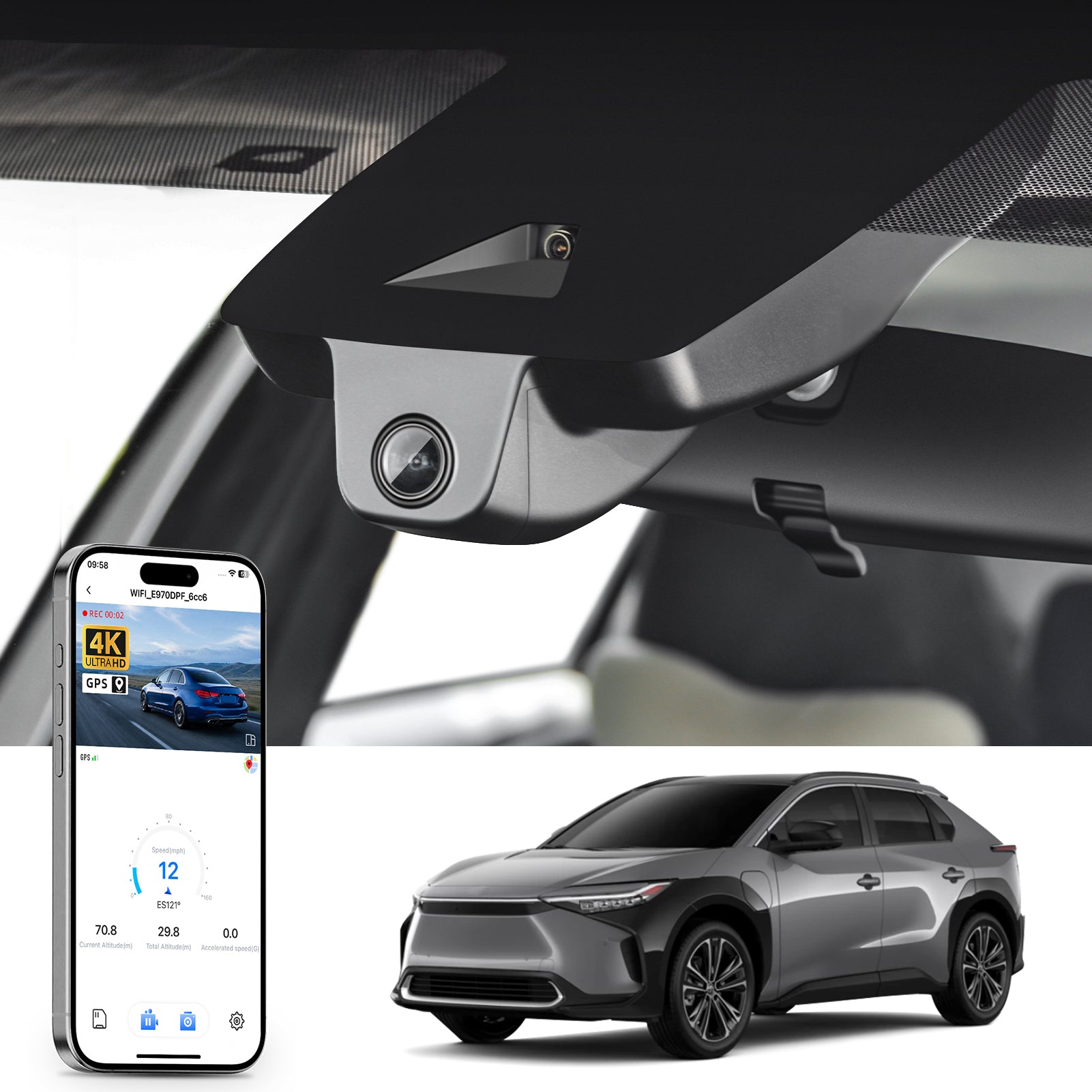 Car rearview mirror built-in dash cam with smartphone app control, 4K Ultra HD recording, GPS tracking, and Toyota BZ4X SUV EV models in the background.