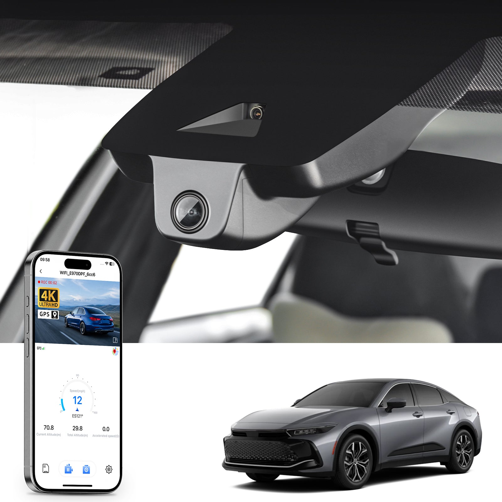 Car rearview mirror built-in dash cam with smartphone app control, 4K Ultra HD recording, GPS tracking, and Toyota Crown Sedan models in the background.