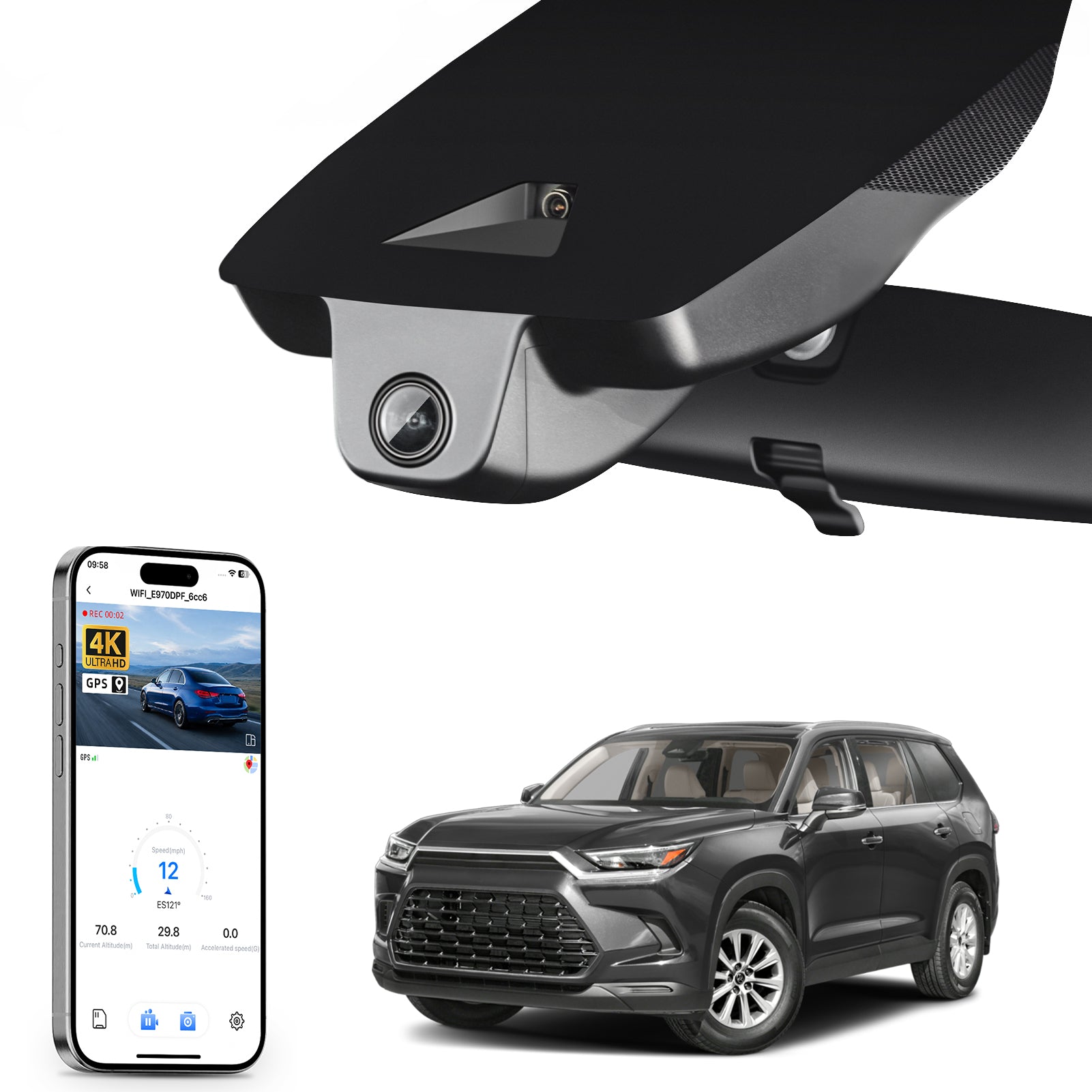 Car rearview mirror built-in dash cam with smartphone app control, 4K Ultra HD recording, GPS tracking, and Toyota Grand Highlander SUV models in the background.