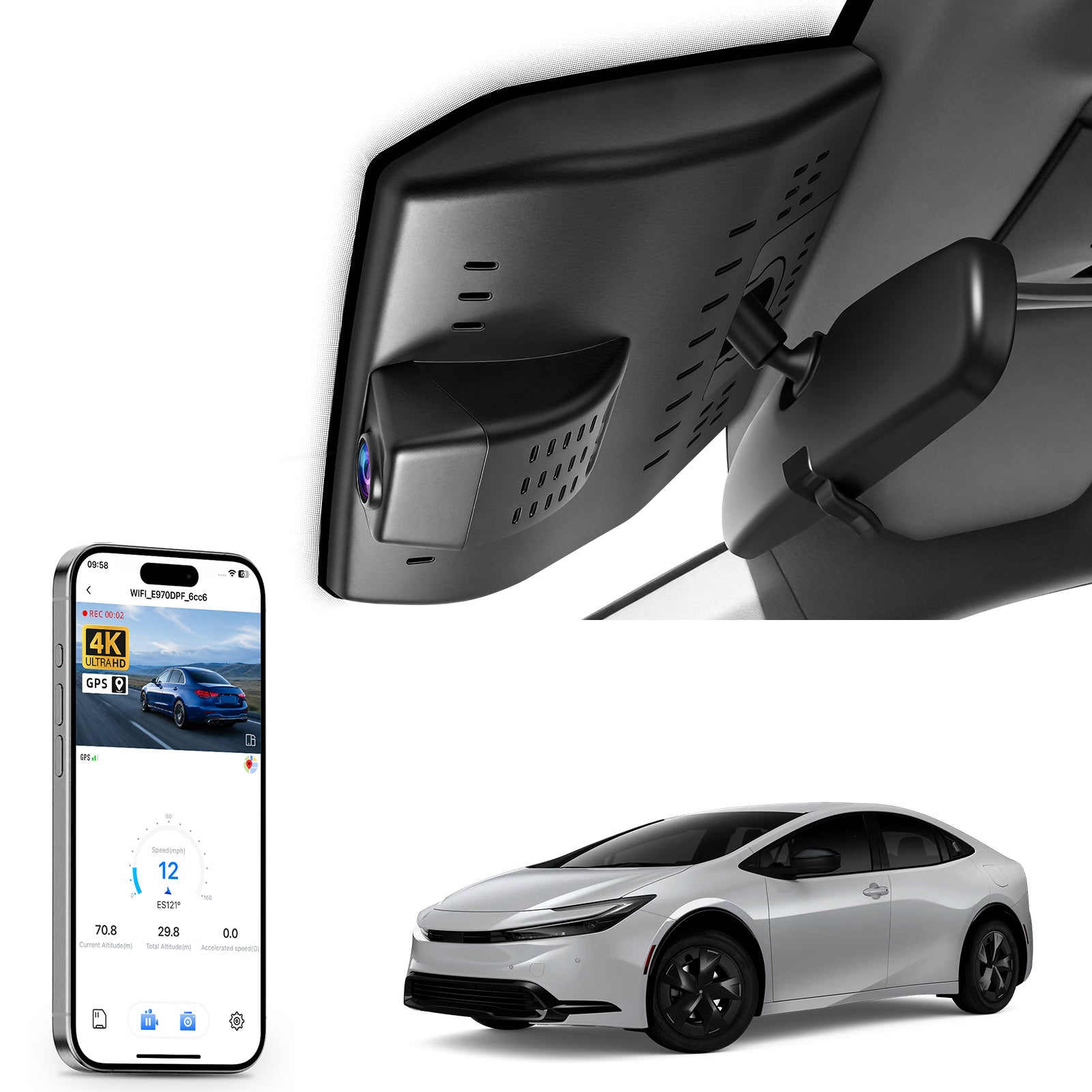 Car rearview mirror built-in dash cam with smartphone app control, 4K Ultra HD recording, GPS tracking, and Toyota Prius Sedan models in the background.