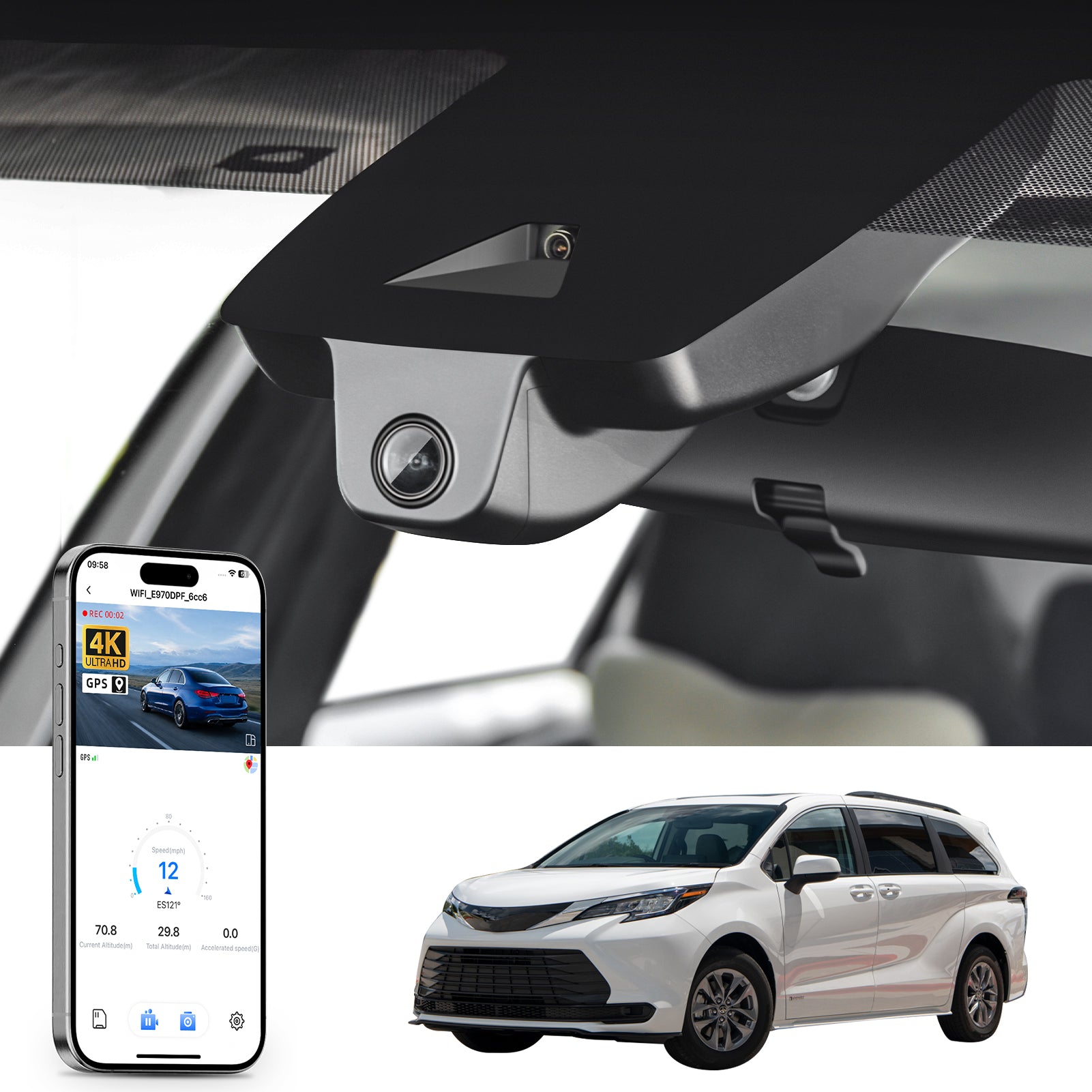 Car rearview mirror built-in dash cam with smartphone app control, 4K Ultra HD recording, GPS tracking, and Toyota Sienna MPV models in the background.