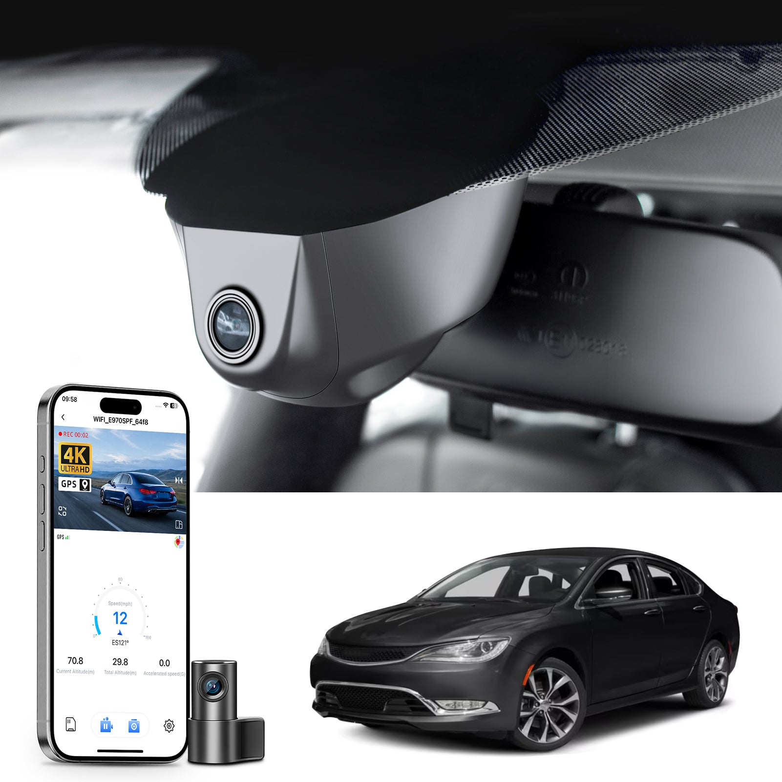 Car rearview mirror built-in dash cam with smartphone app control, 4K Ultra HD recording, GPS tracking, and Chrysler 200 car models in the background.