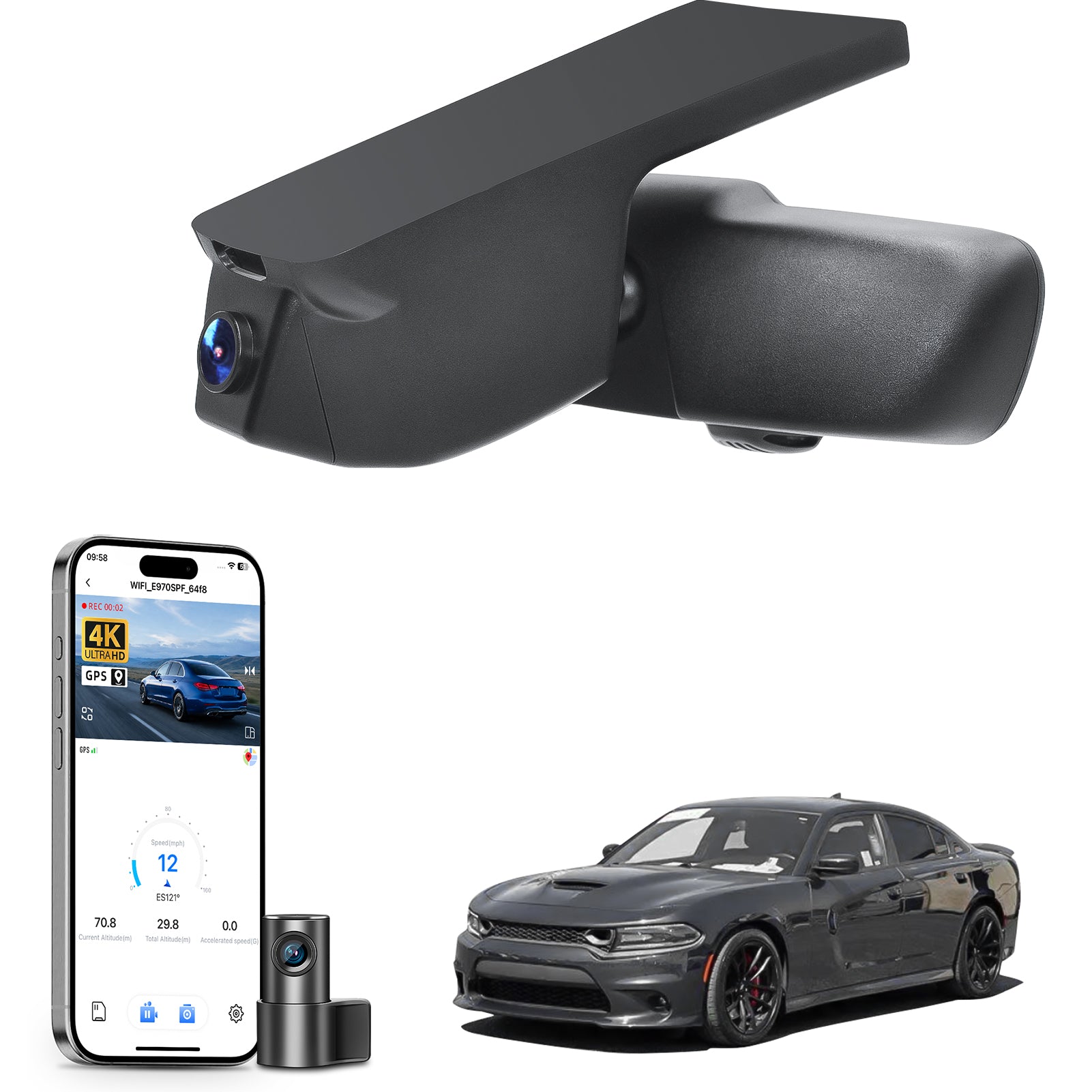 Car built-in dash cam with smartphone app control, 4K Ultra HD recording, GPS tracking, and Dodge Charger SUV models in the background.