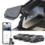 Car dual channel dash camera system, smartphone app control, 4K Ultra HD recording, GPS tracking, and Lincoln vehicles models in the background. 