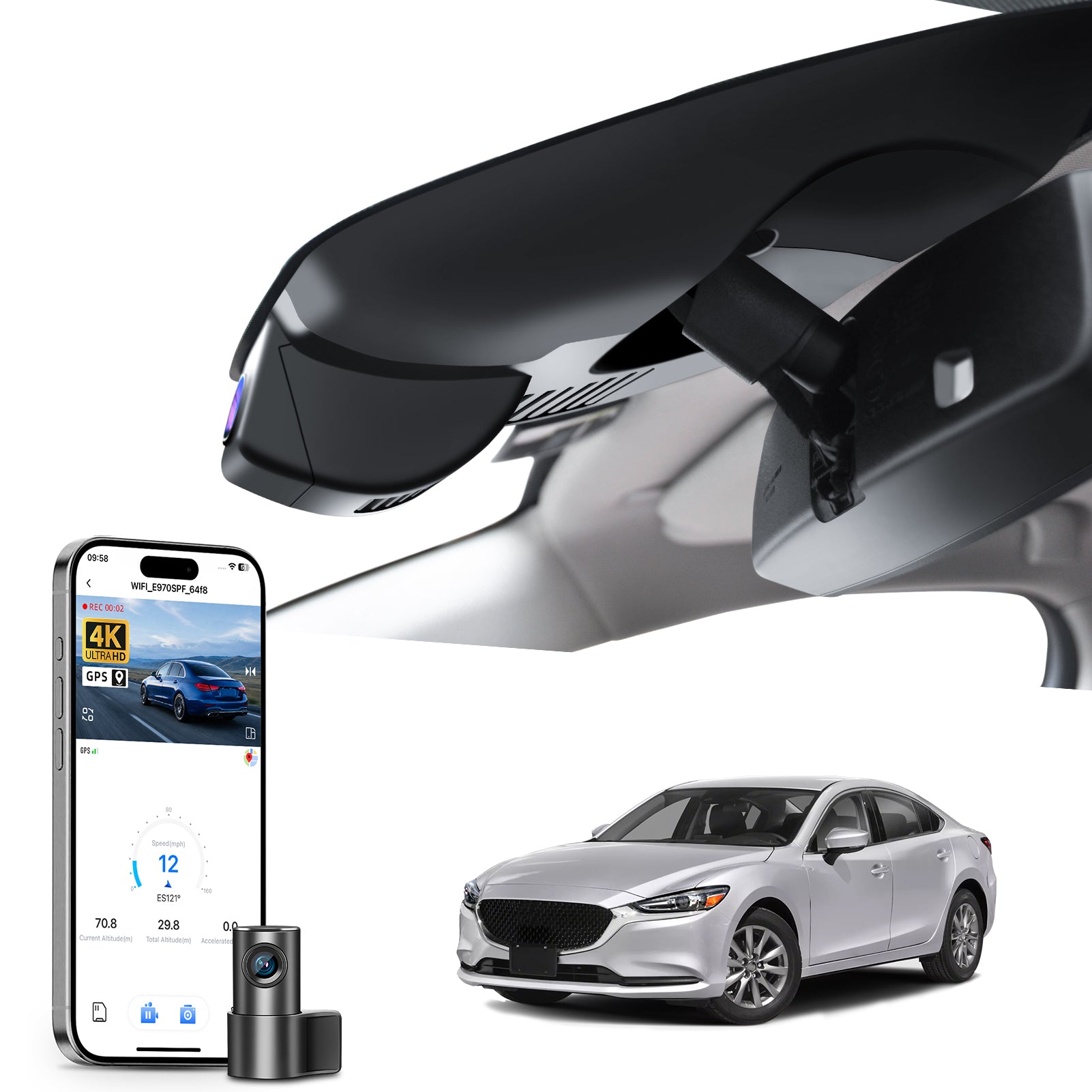 2 channel dash cam with dual STARVIS 2, displaying smartphone app control, 4K Ultra HD recording, GPS tracking, and Mazda 6 Sedans models in the background. 