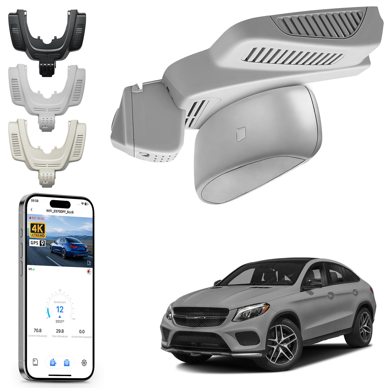 Car rearview mirror built-in dash cam with smartphone app control, 4K Ultra HD recording, GPS tracking, and Benz GLE & GLS models in the background.