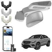 2 channel dash cam with dual STARVIS 2, features smartphone app control, 4K Ultra HD recording, GPS tracking, and Benz GLE & GLS models in the background. 