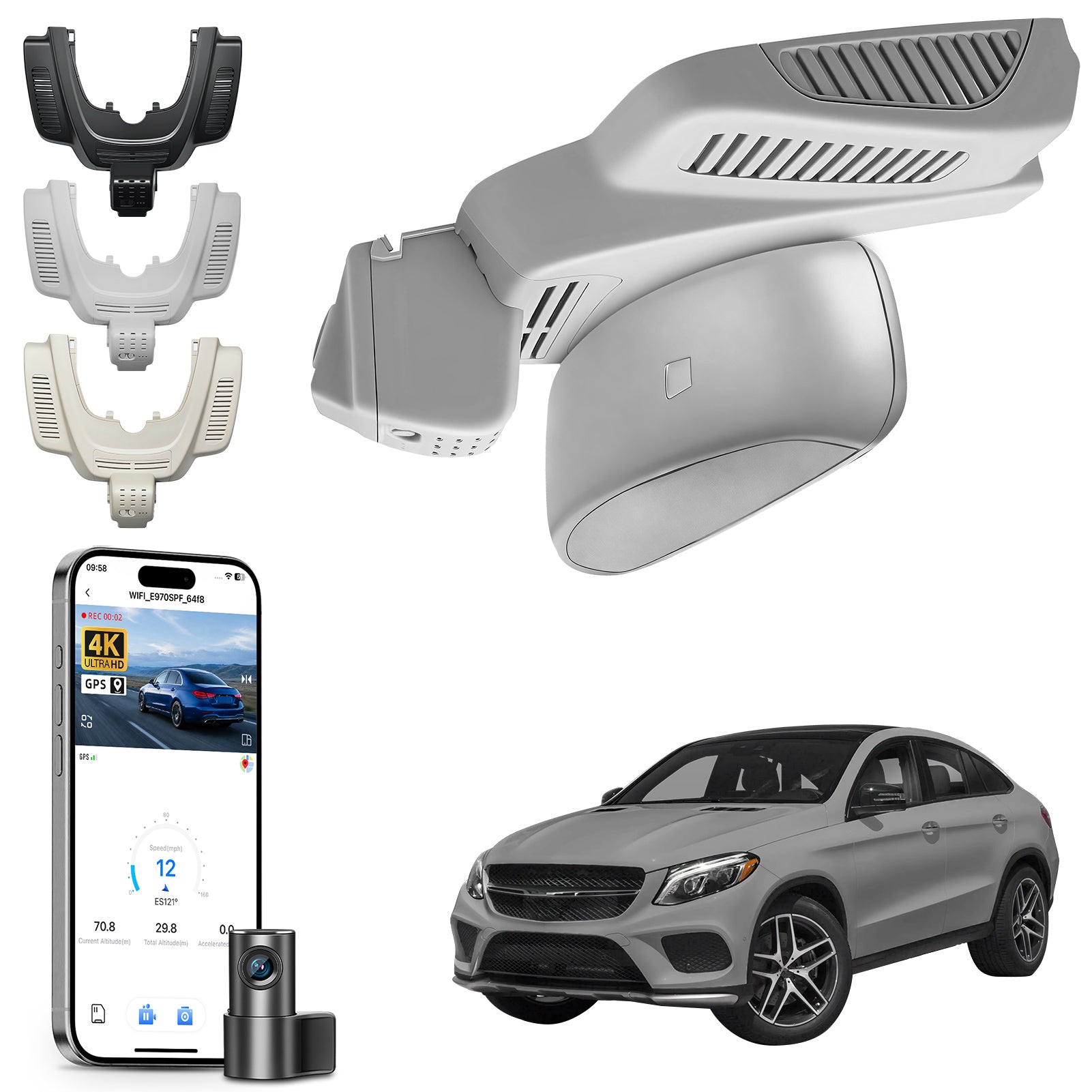 2 channel dash cam with dual STARVIS 2, features smartphone app control, 4K Ultra HD recording, GPS tracking, and Benz GLE & GLS models in the background. 