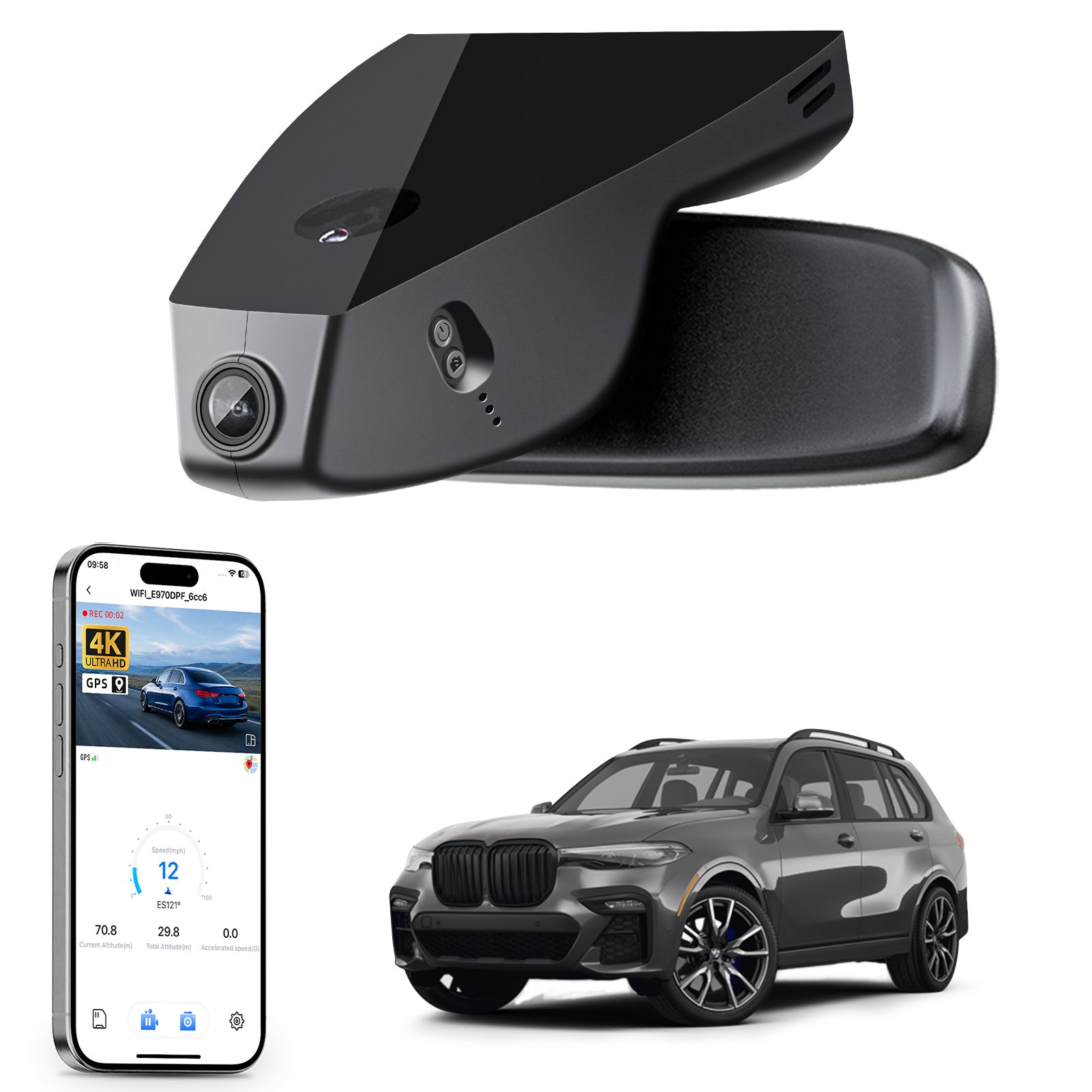 Car rearview mirror built-in dash cam with smartphone app control, 4K Ultra HD recording, GPS tracking, and BMW X7 SUV models in the background.