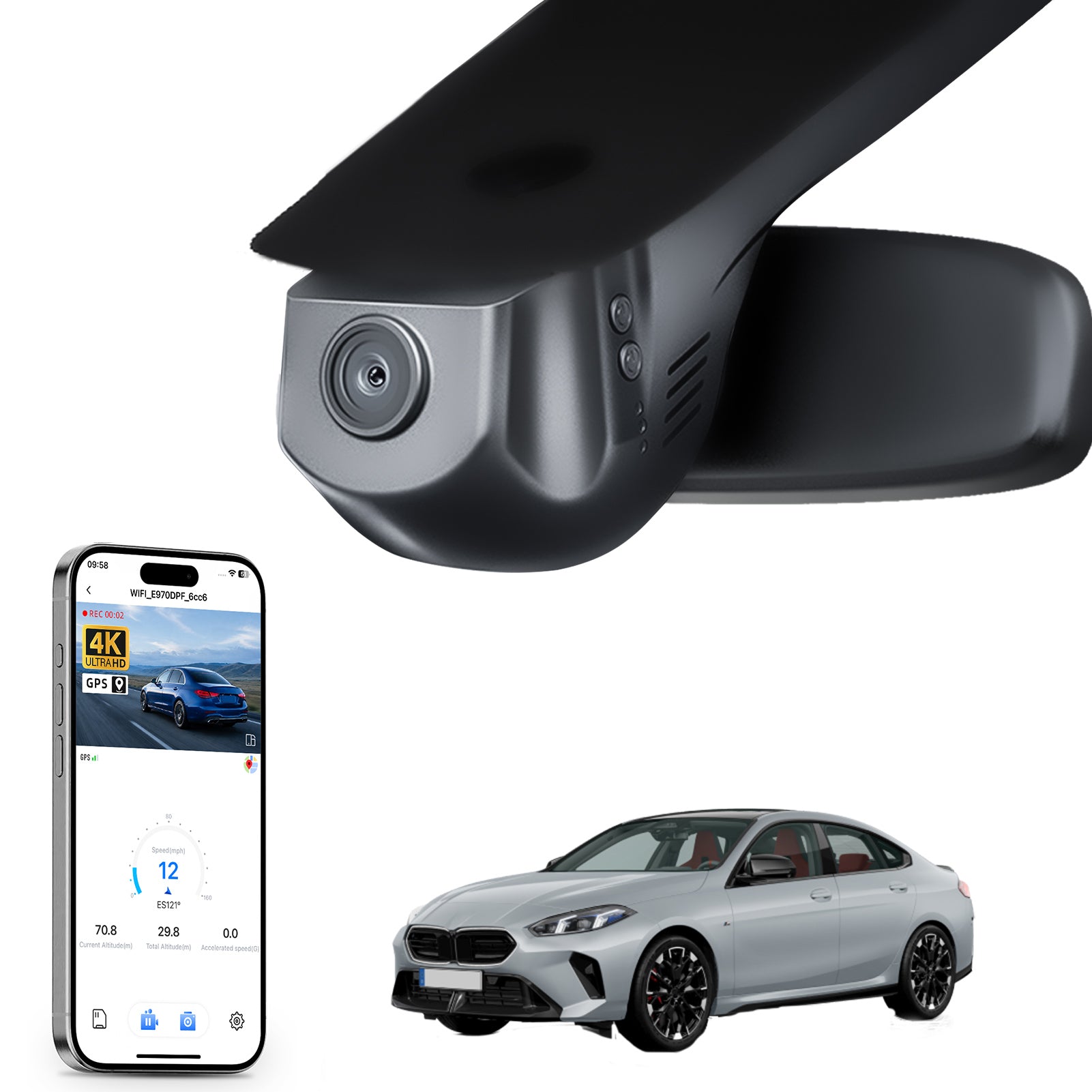Car rearview mirror built-in dash cam with smartphone app control, 4K Ultra HD recording, GPS tracking, and BMW 2 Series M2 models in the background.
