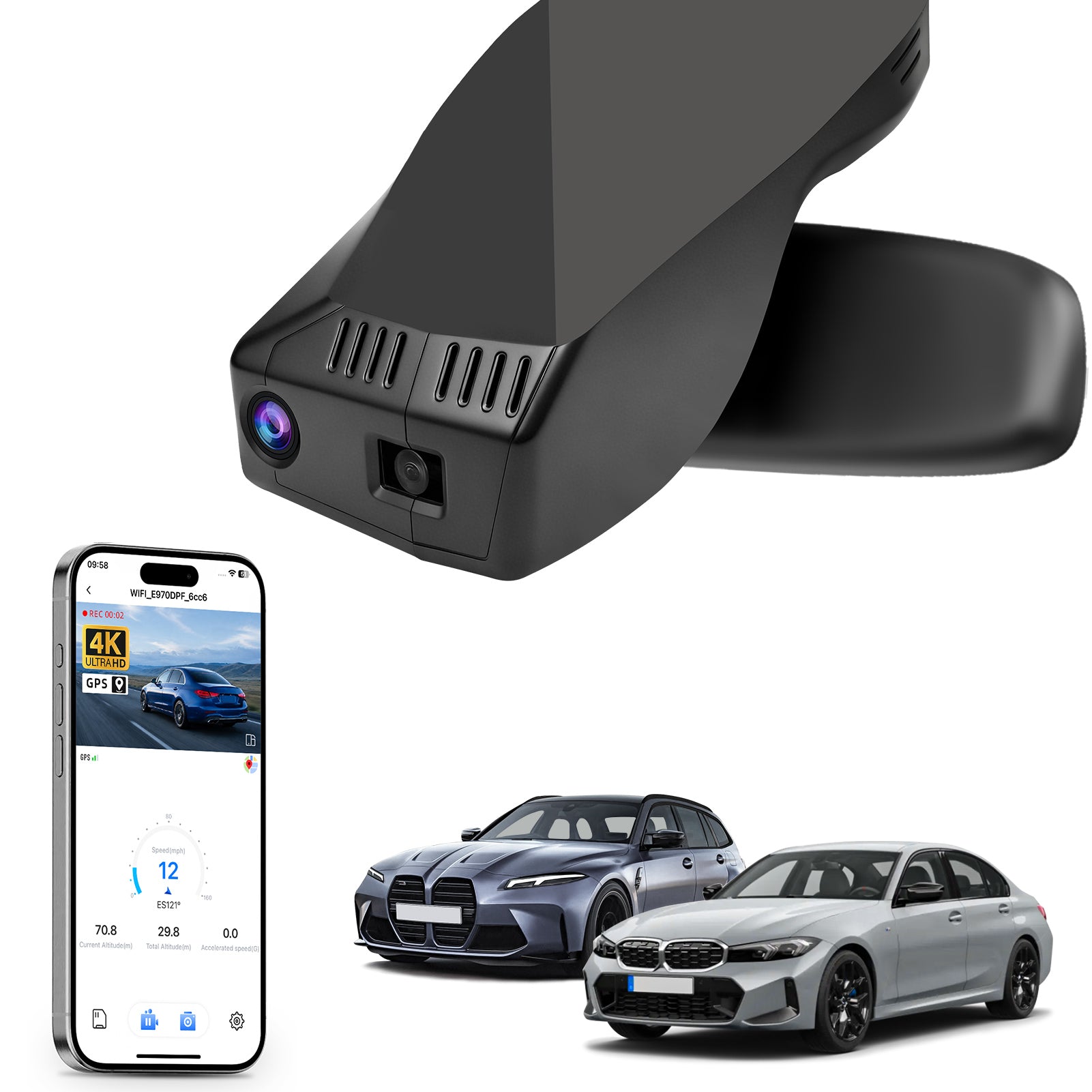 Car rearview mirror built-in dash cam with smartphone app control, 4K Ultra HD recording, GPS tracking, and BMW 3 Series Gen7 models in the background.