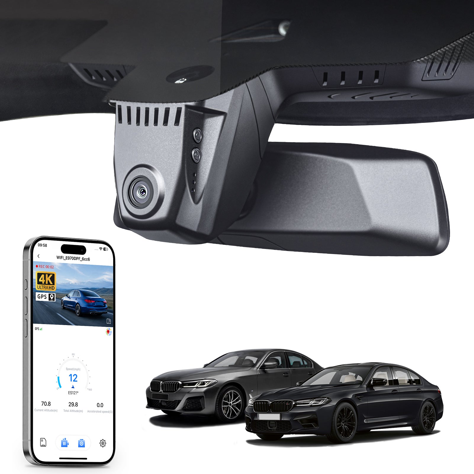 Car rearview mirror built-in dash cam with smartphone app control, 4K Ultra HD recording, GPS tracking, and BMW 5 Series Gen7 models in the background.