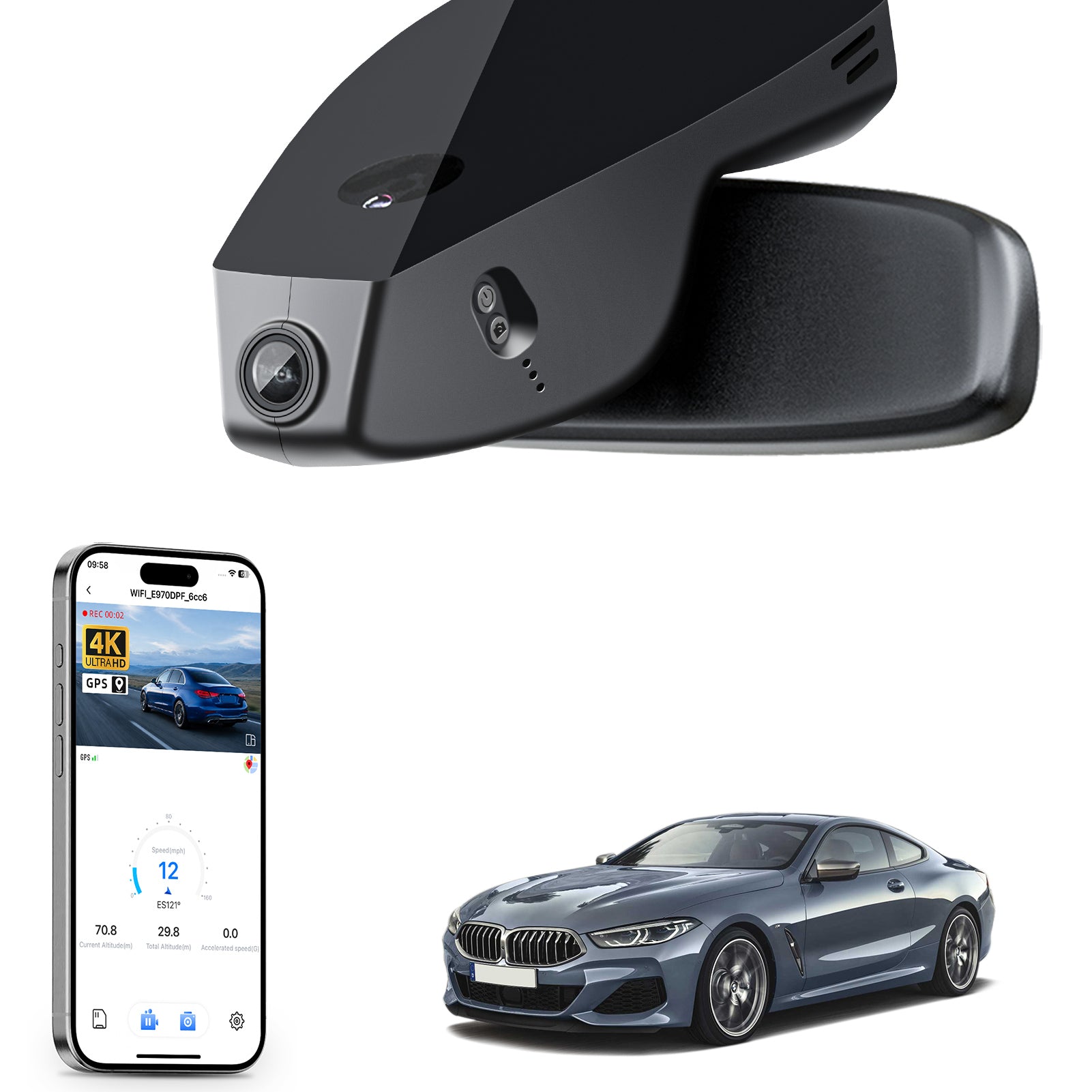 Car rearview mirror built-in dash cam with smartphone app control, 4K Ultra HD recording, GPS tracking, and BMW 8 Series Gen2 models in the background.