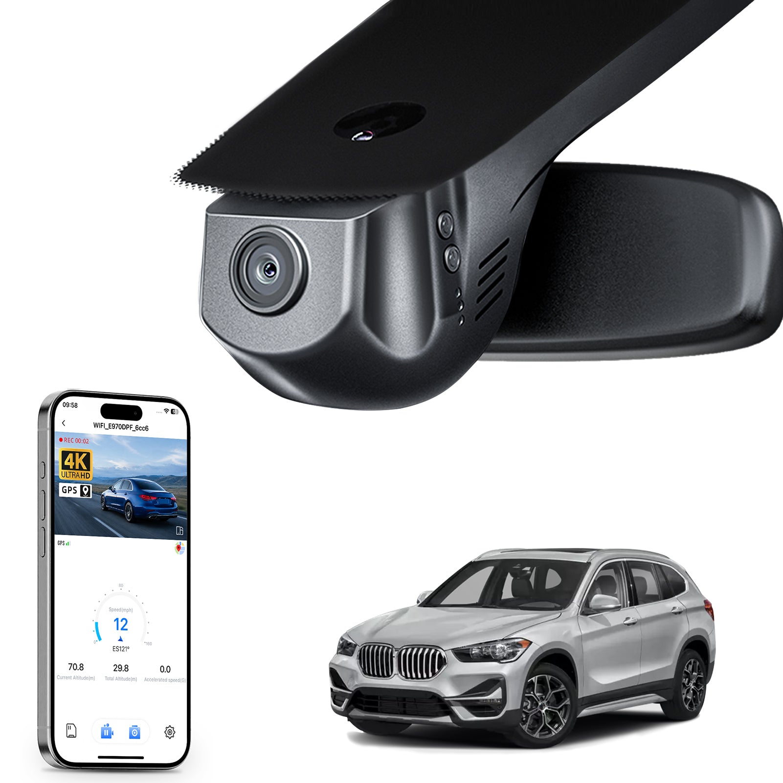 Car rearview mirror built-in dash cam with smartphone app control, 4K Ultra HD recording, GPS tracking, and BMW X1 Gen2 SUV models in the background.