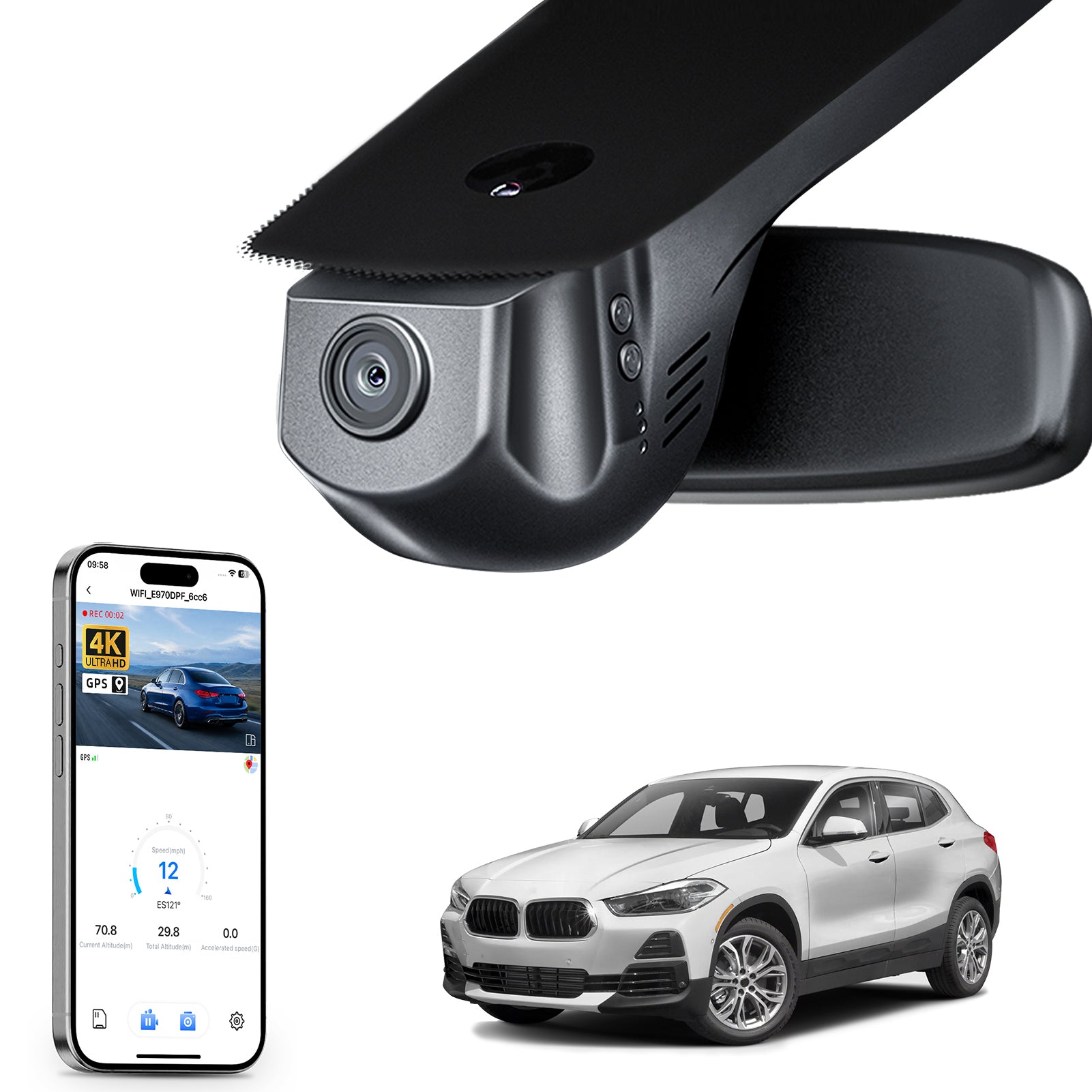 Car rearview mirror built-in dash cam with smartphone app control, 4K Ultra HD recording, GPS tracking, and BMW X2 Gen1 SUV models in the background.