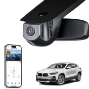 Car rearview mirror built-in dash cam with smartphone app control, 4K Ultra HD recording, GPS tracking, and BMW X2 Gen1 SUV models in the background.
