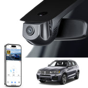 Car rearview mirror built-in dash cam with smartphone app control, 4K Ultra HD recording, GPS tracking, and BMW X3 Gen2 SUV models in the background.