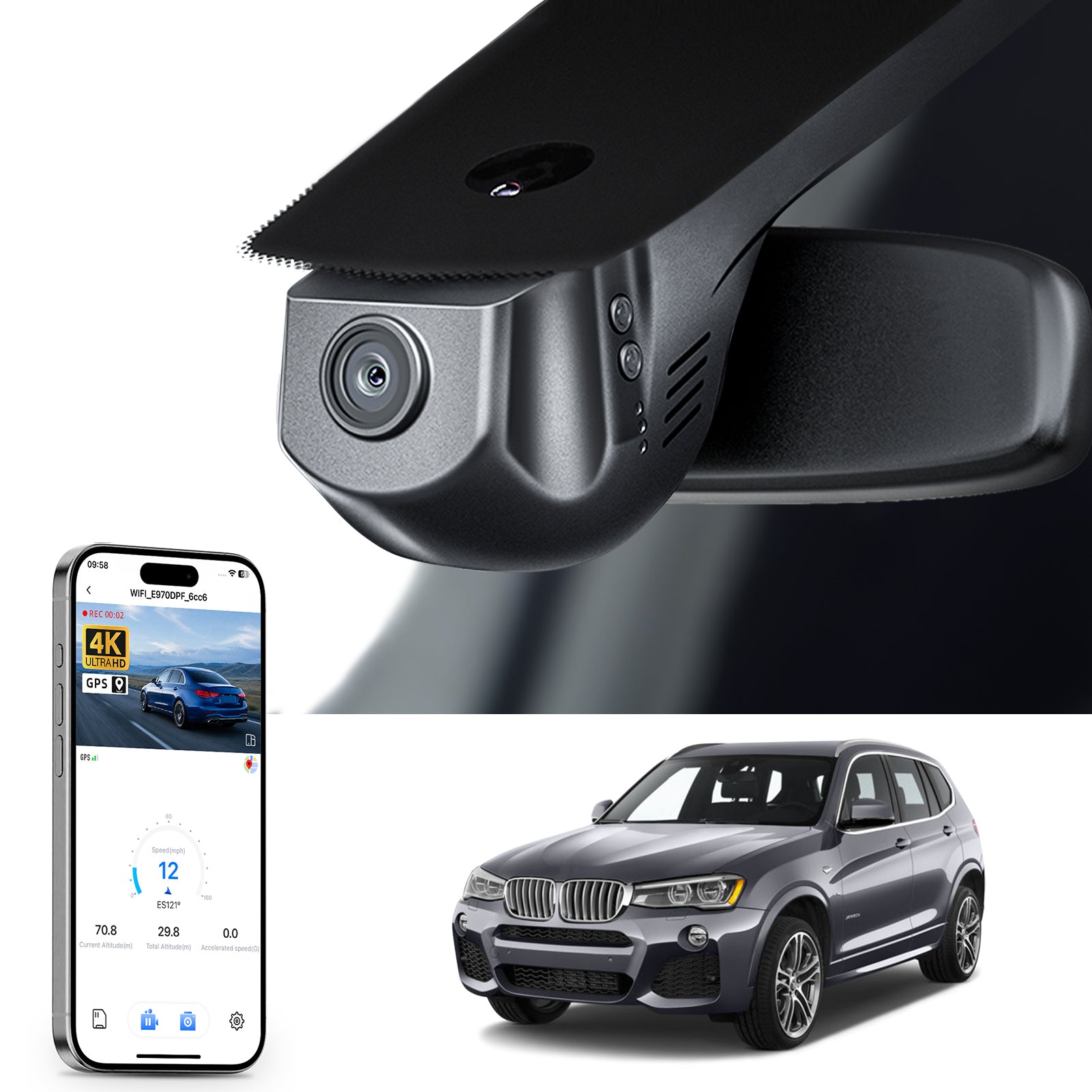 Car rearview mirror built-in dash cam with smartphone app control, 4K Ultra HD recording, GPS tracking, and BMW X3 Gen2 SUV models in the background.