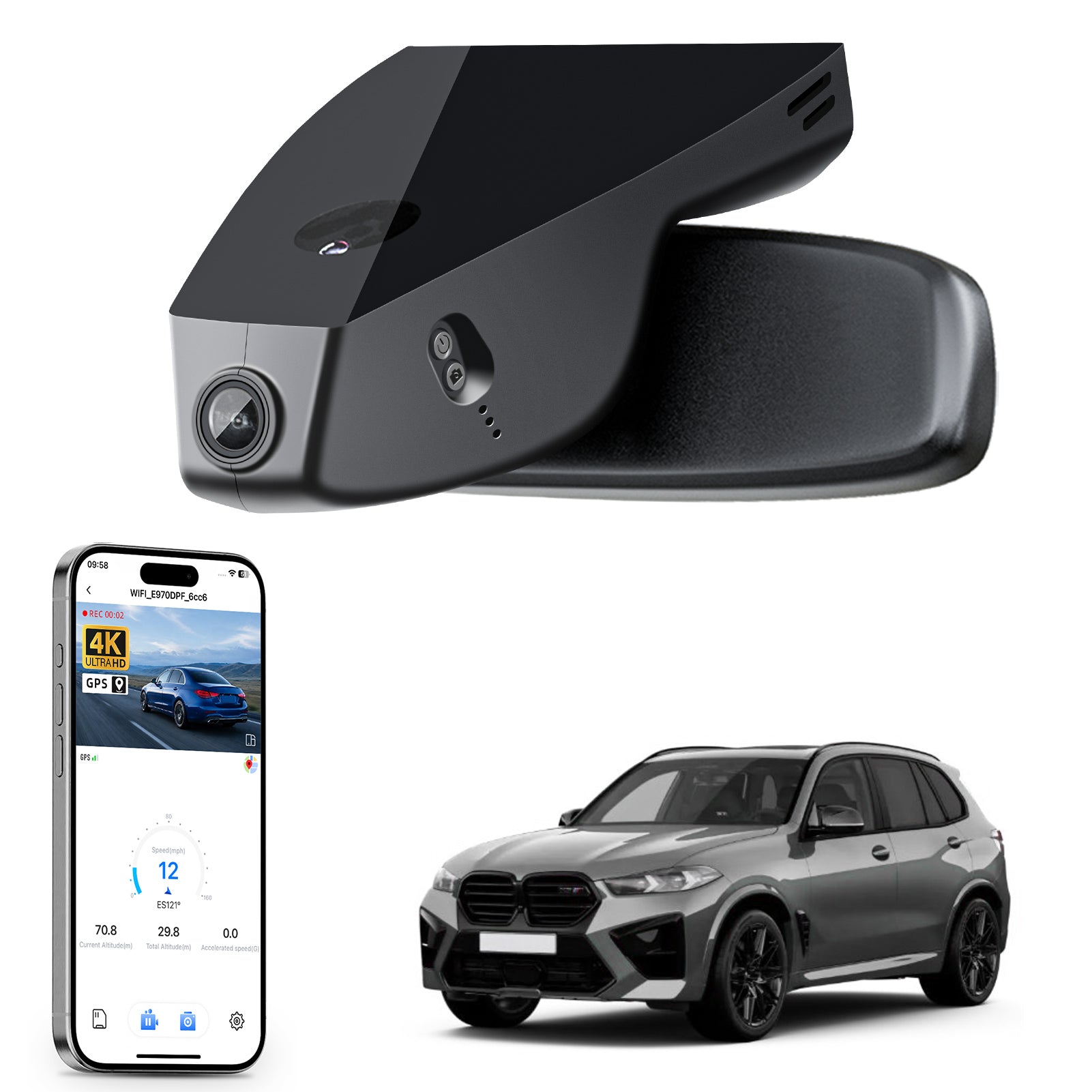 Car rearview mirror built-in dash cam with smartphone app control, 4K Ultra HD recording, GPS tracking, and BMW X5 Gen4 SUV models in the background.