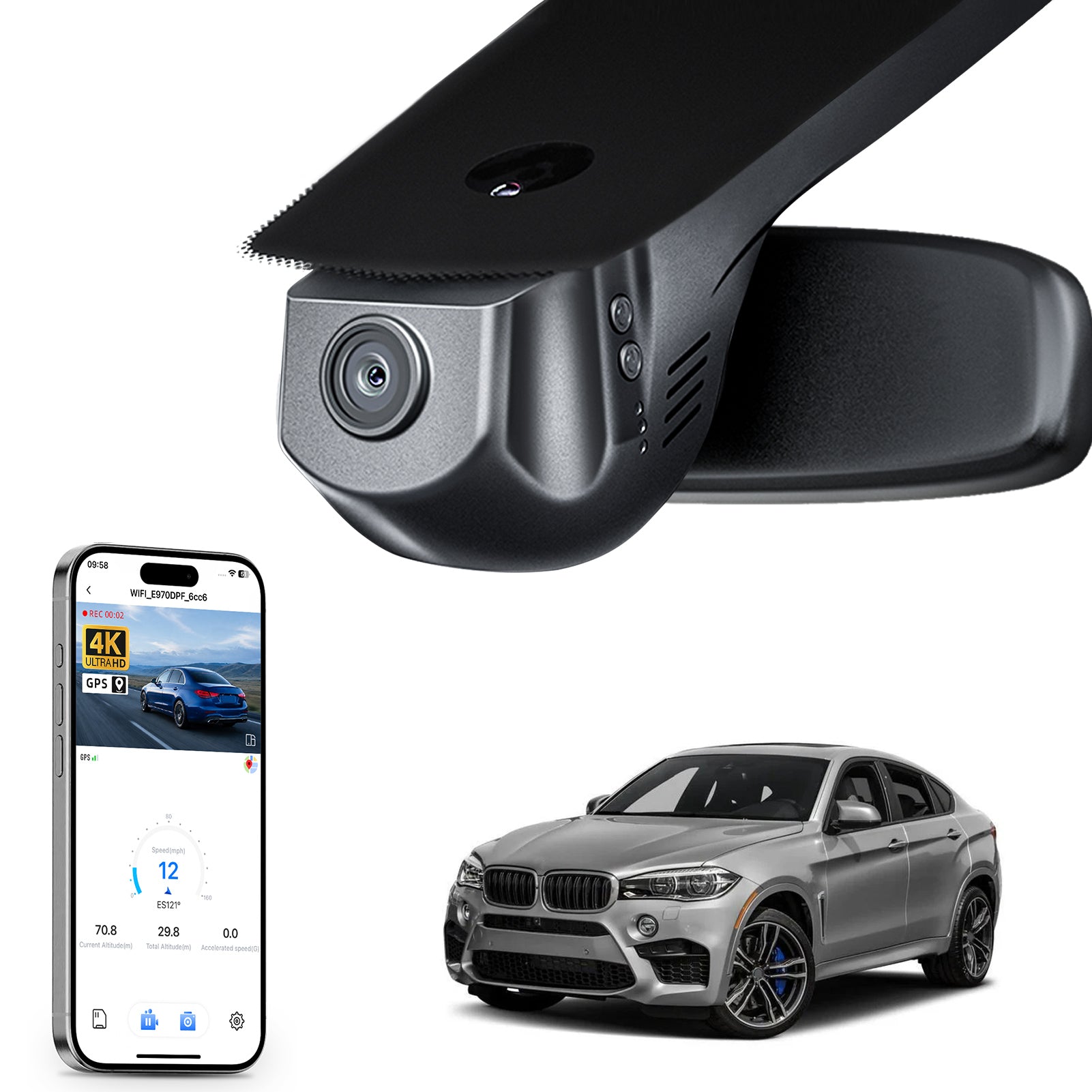 Car rearview mirror built-in dash cam with smartphone app control, 4K Ultra HD recording, GPS tracking, and BMW X6 Gen2 SUV models in the background.
