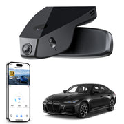 Car rearview mirror built-in dash cam with smartphone app control, 4K Ultra HD recording, GPS tracking, and BMW i4 Coupe models in the background.
