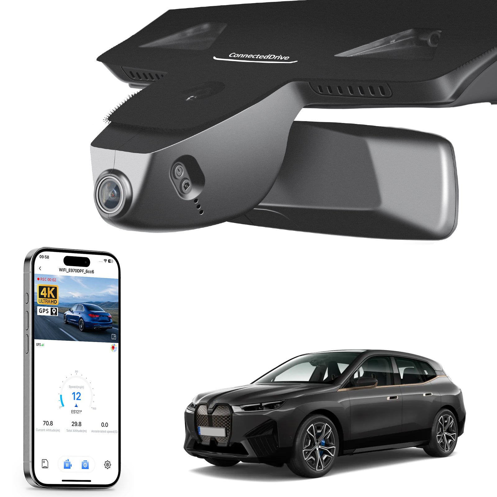 Car rearview mirror built-in dash cam with smartphone app control, 4K Ultra HD recording, GPS tracking, and BMW iX SUV  models in the background.