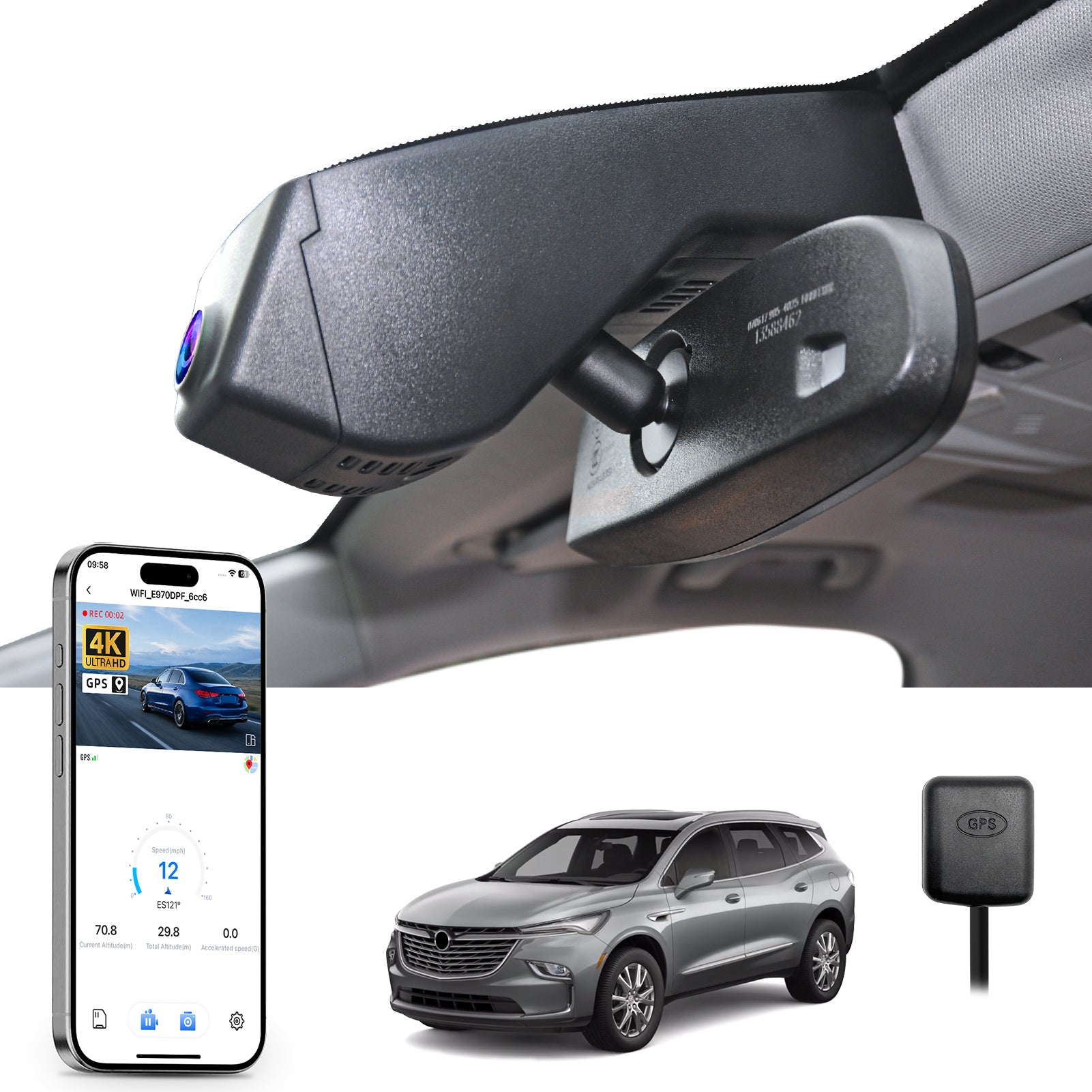 Car rearview mirror built-in dash cam with smartphone app control, 4K Ultra HD recording, GPS tracking, and Buick Enclave SUV models in the background.