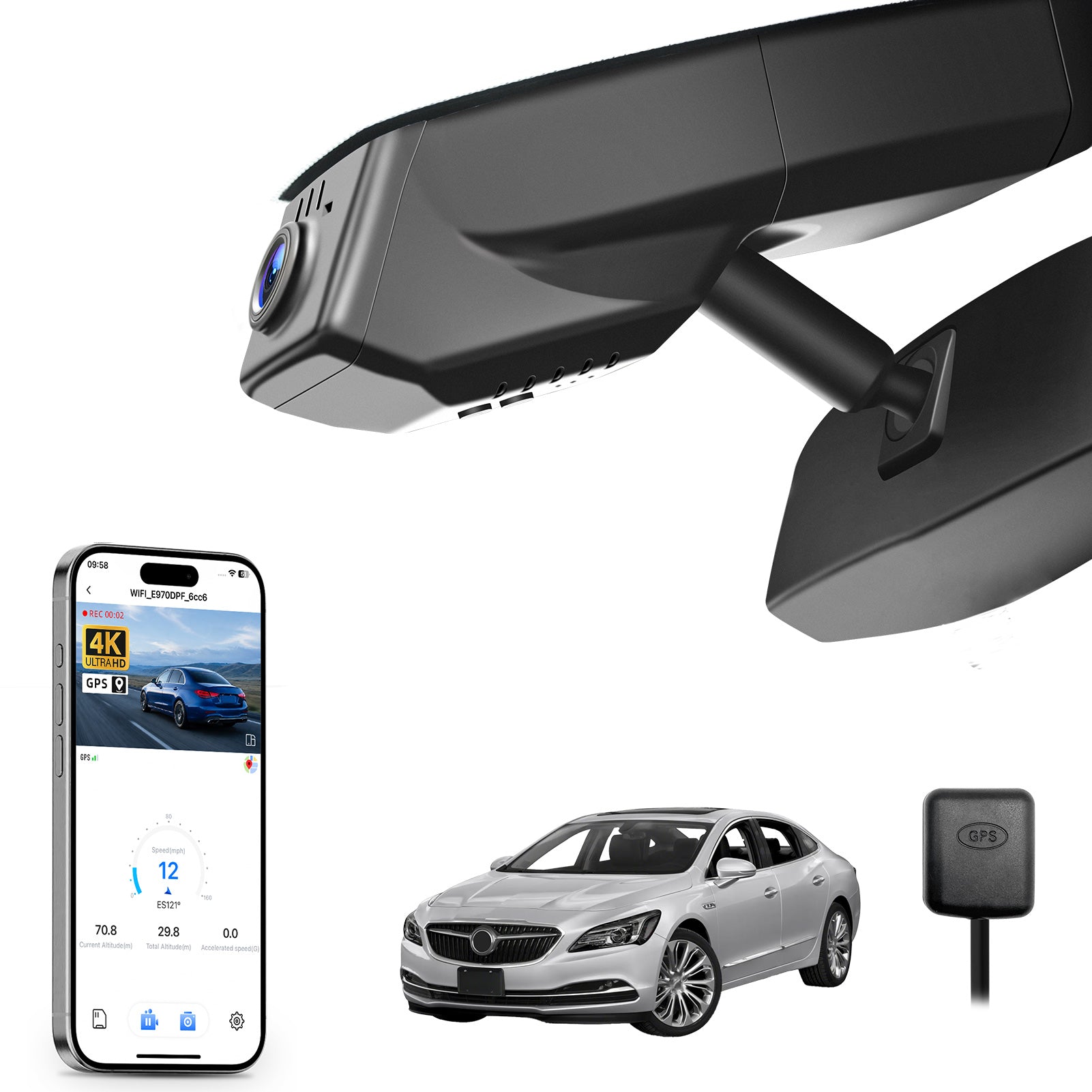 Car rearview mirror built-in dash cam with smartphone app control, 4K Ultra HD recording, GPS tracking, and Buick Lacrosse car models in the background.