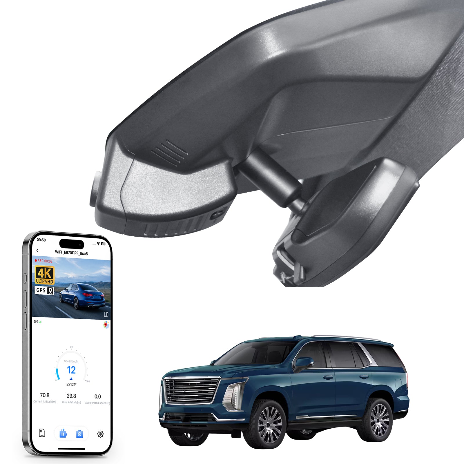Car rearview mirror built-in dash cam with smartphone app control, 4K Ultra HD recording, GPS tracking, and Cadillac EScalade ESV SUV models in the background.