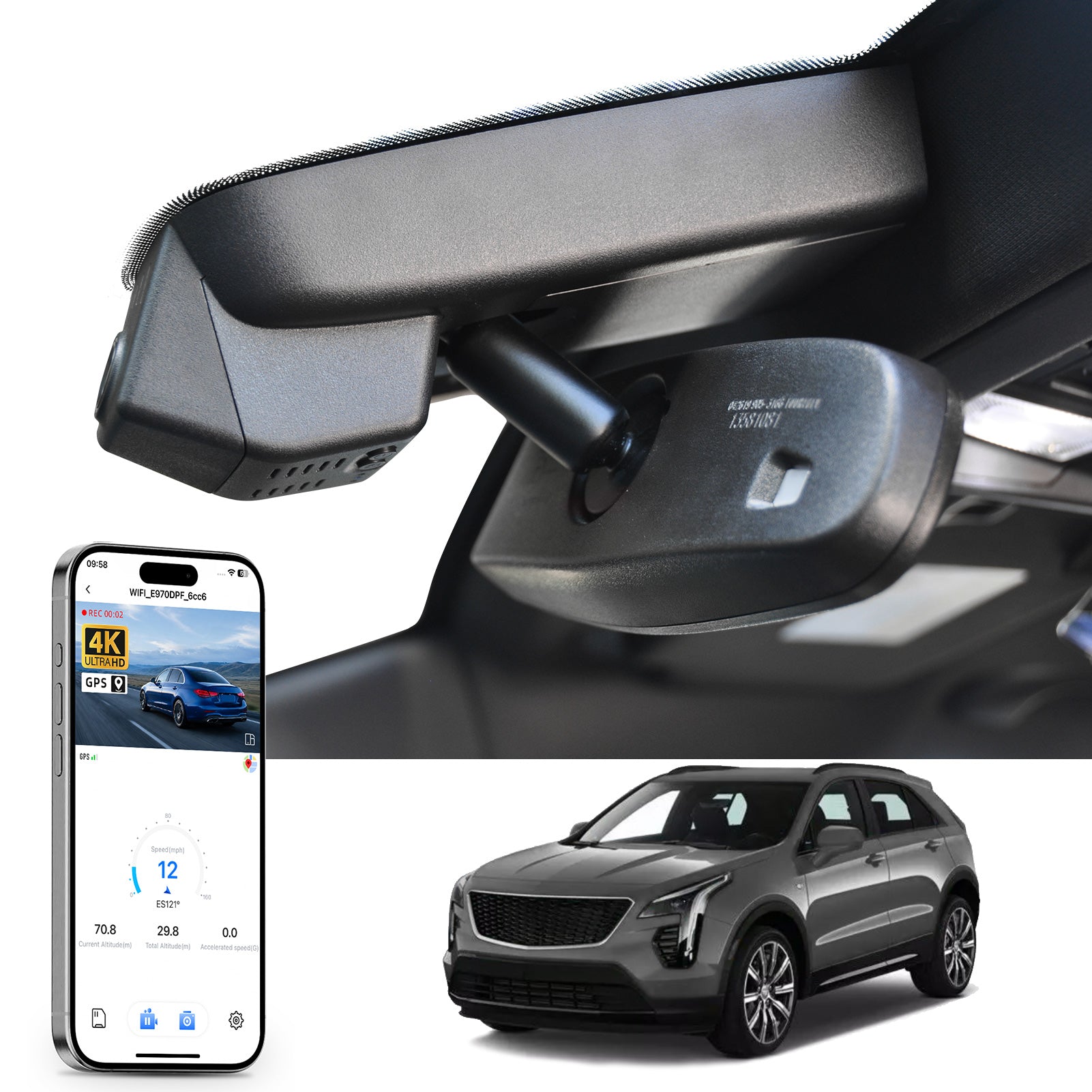 Car rearview mirror built-in dash cam with smartphone app control, 4K Ultra HD recording, GPS tracking, and Cadillac XT4 SUV models in the background.