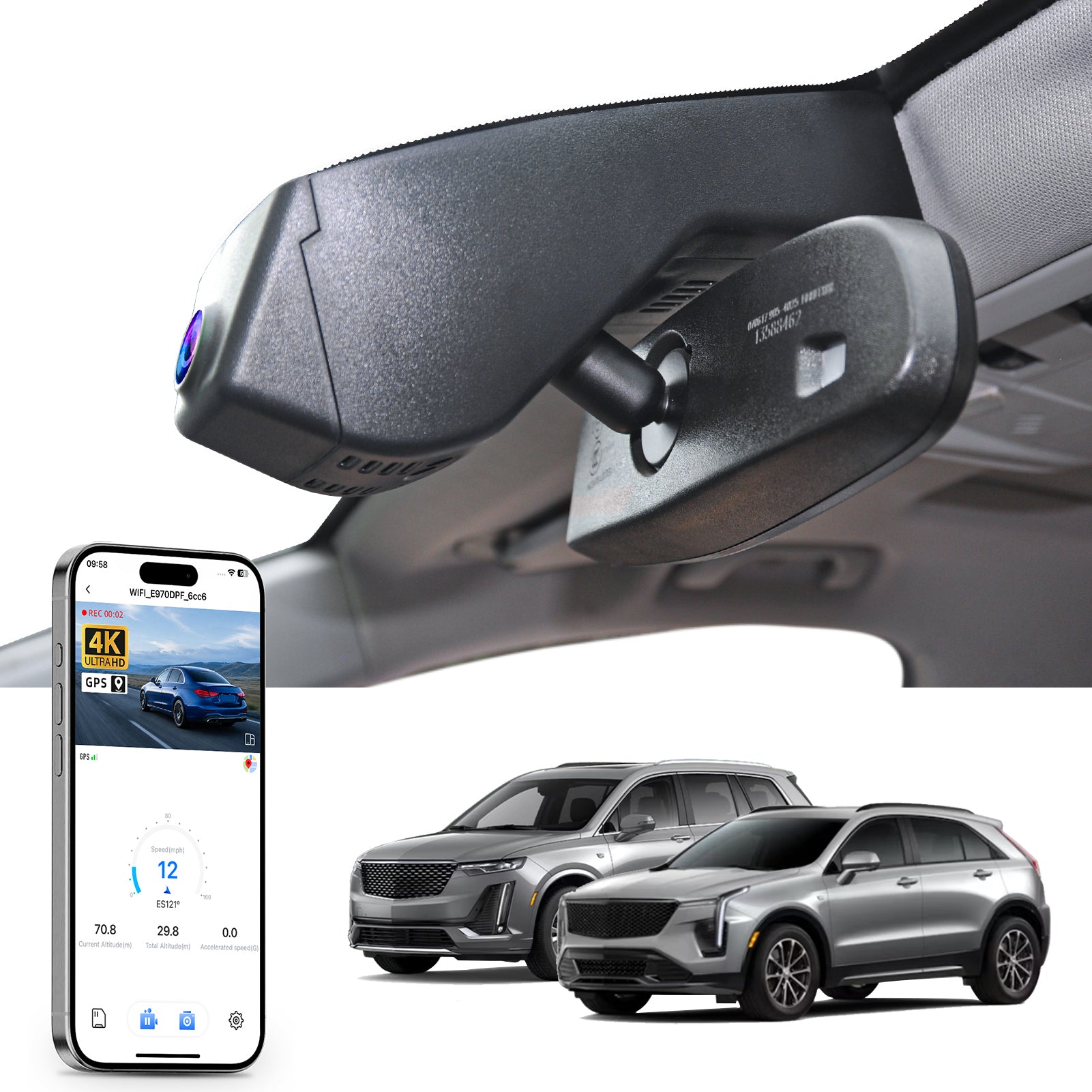 Car rearview mirror built-in dash cam with smartphone app control, 4K Ultra HD recording, GPS tracking, and Cadillac XT5 XT6 SUV models in the background.