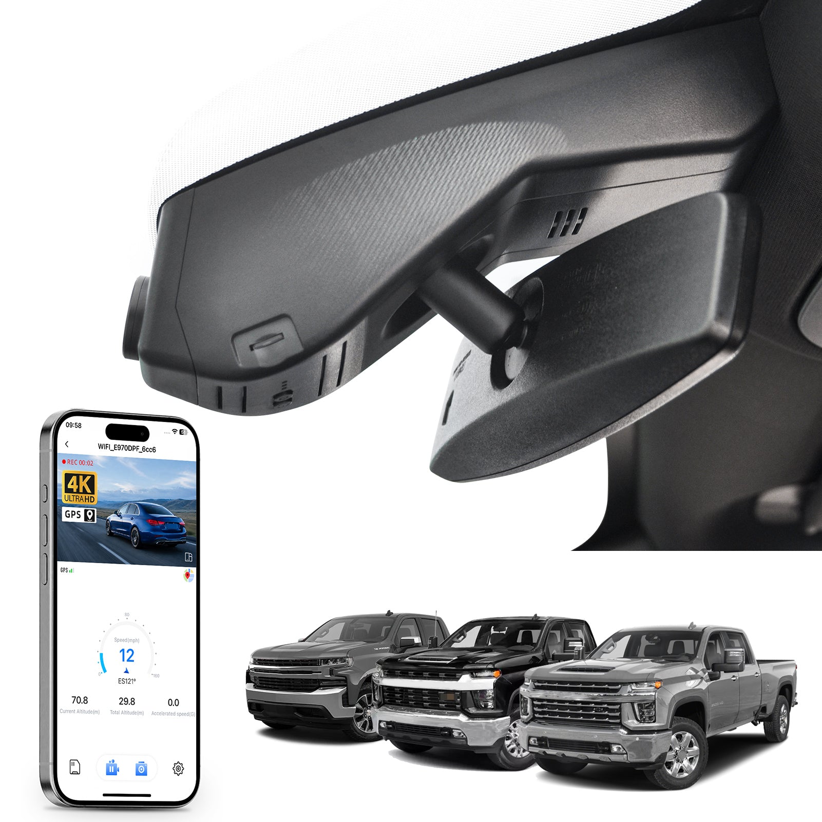 Car rearview mirror built-in dash cam with smartphone app control, 4K Ultra HD recording, GPS tracking, and Chevy Silverado pickup truck models in the background.