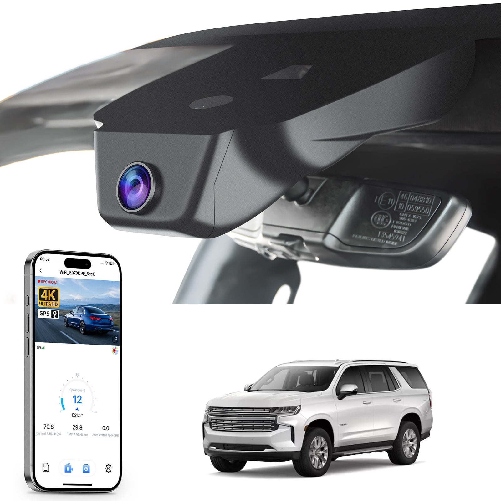 Car rearview mirror built-in dash cam with smartphone app control, 4K Ultra HD recording, GPS tracking, and Chevy Suburban Tahoe SUV models in the background.