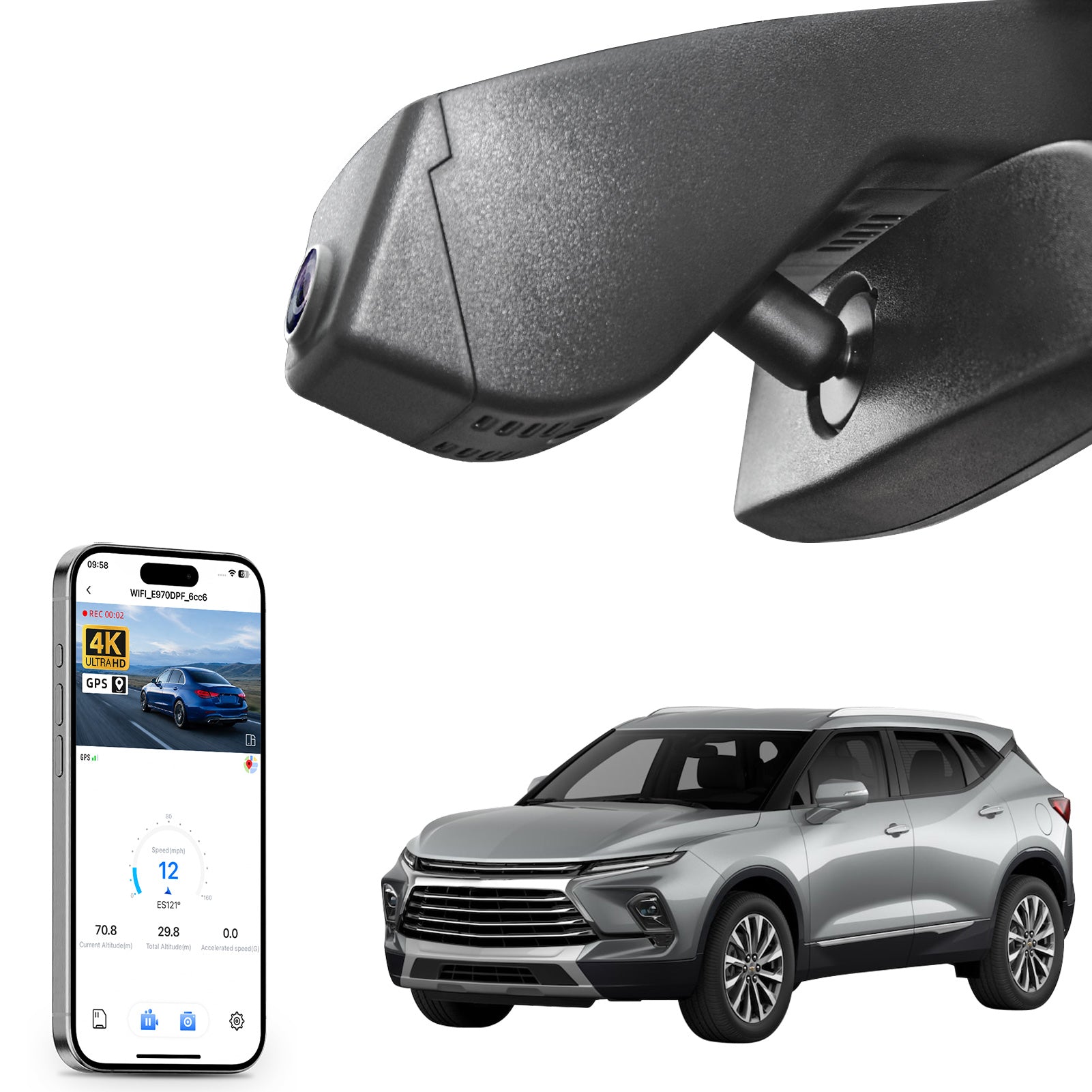 Car rearview mirror built-in dash cam with smartphone app control, 4K Ultra HD recording, GPS tracking, and Chevy Blazer SUV models in the background.