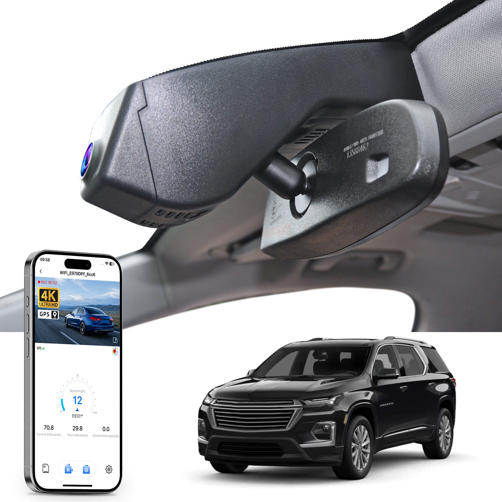 Car rearview mirror built-in dash cam with smartphone app control, 4K Ultra HD recording, GPS tracking, and Chevy Traverse SUV models in the background.