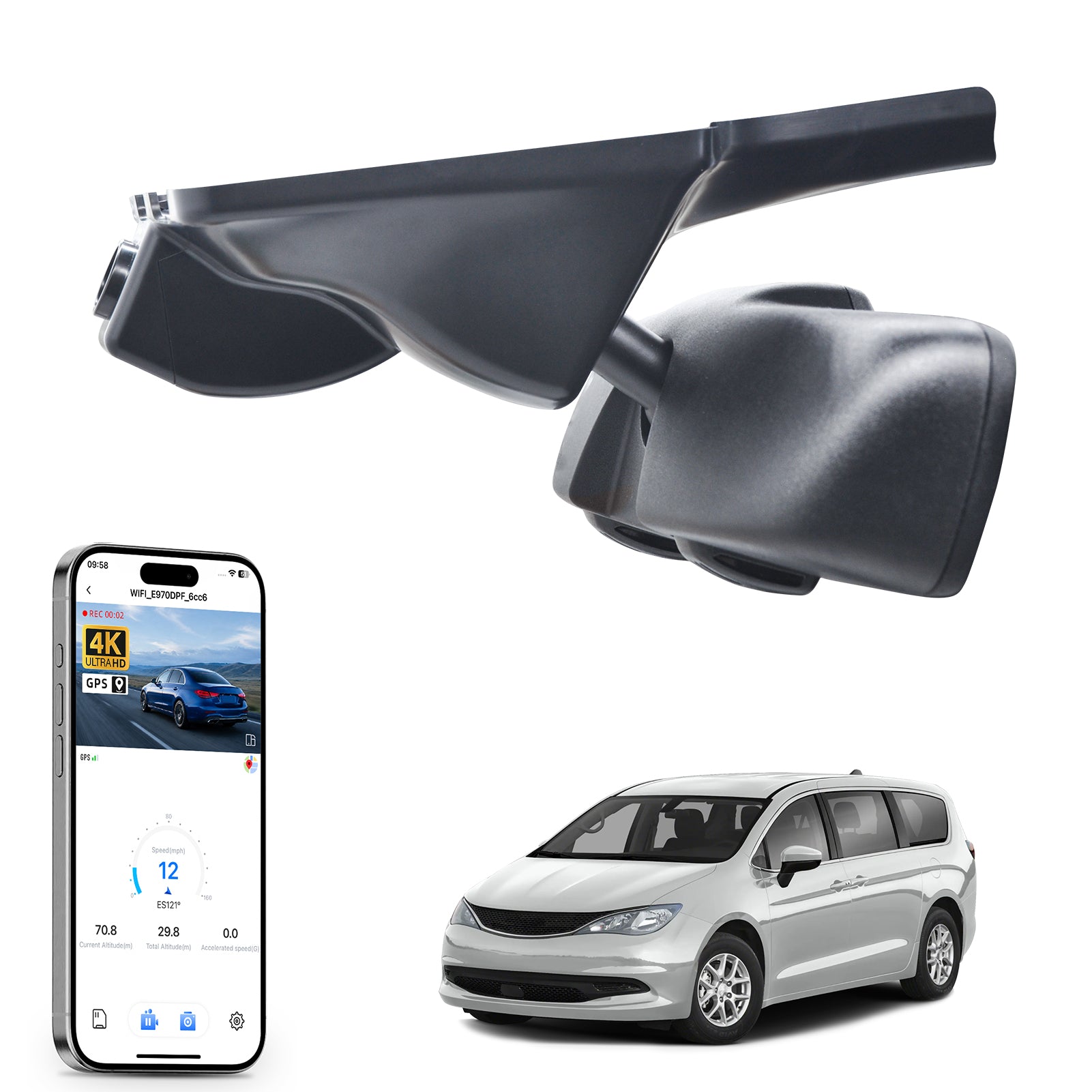 Car rearview mirror built-in dash cam with smartphone app control, 4K Ultra HD recording, GPS tracking, and Chrysler Voyager MPV models in the background.