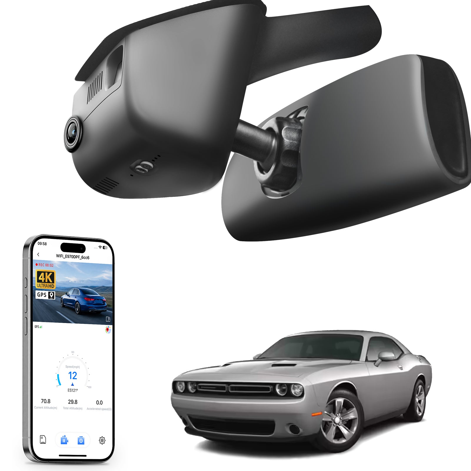 Car rearview mirror dash cam with smartphone app control, 4K Ultra HD recording, GPS tracking, and Dodge Challenger car models in the background.